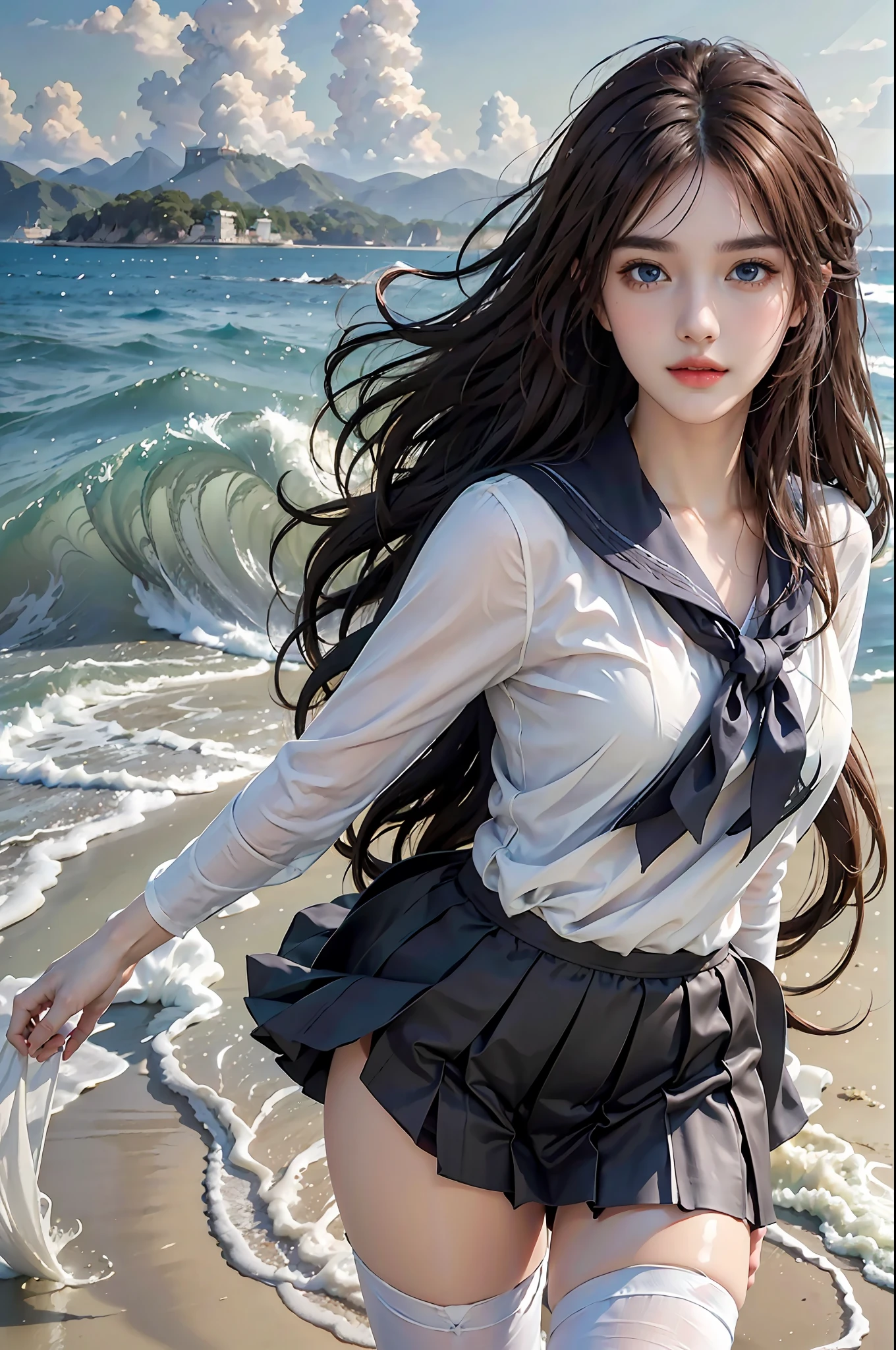 Photorealistic, 1girll, Beautiful detailed eyes, Brown hair long, Light blue eyes, a sailor suit, High white stockings, Glossy glossy skin, Seaside, beach, Waves, High contrast,ssmile,Side Body,Turn Back,no head gear,Black JK skirt ,((Masterpiece, Best quality))