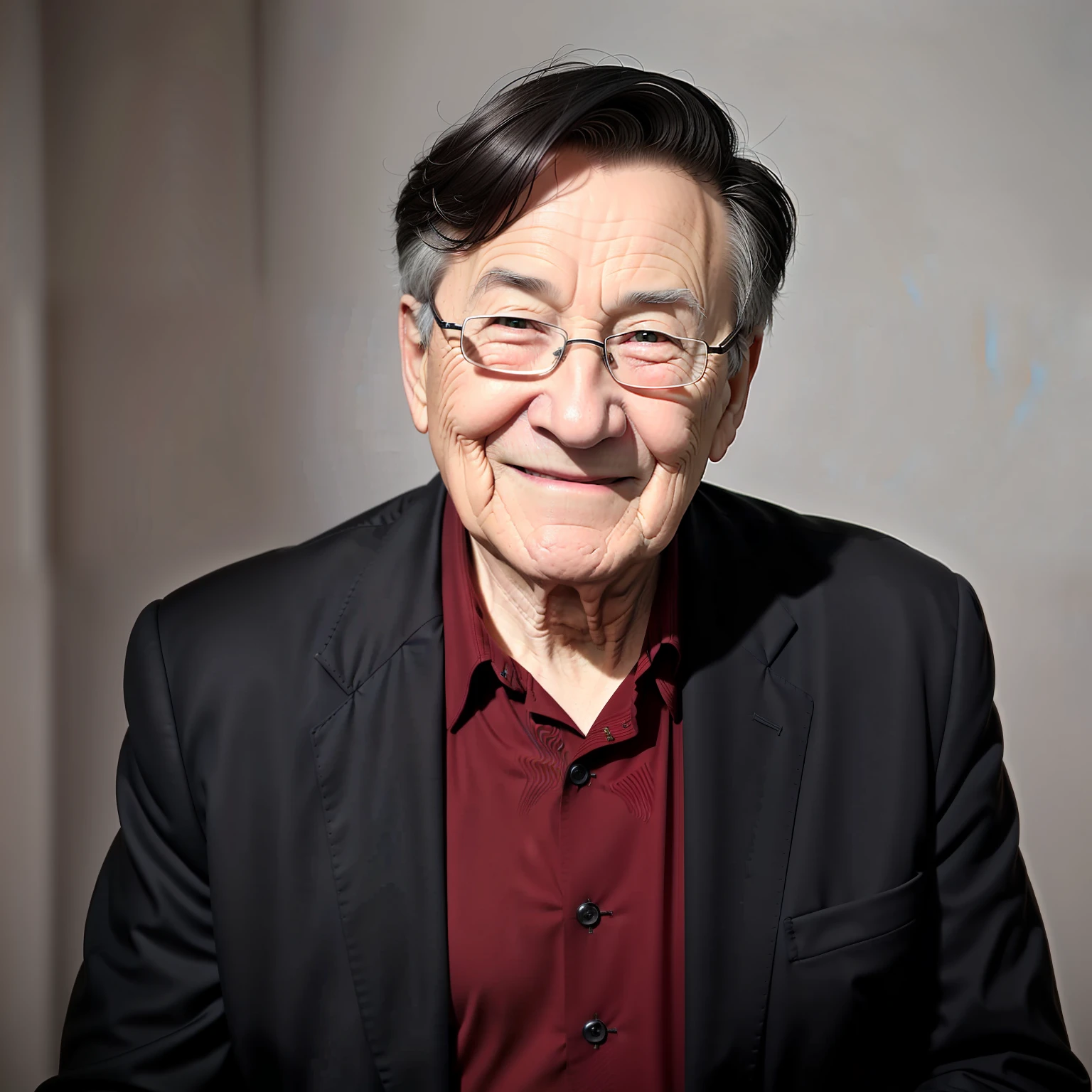 ((Close up))Elderly man in black suit,Smile, Red and black hair, photograph realistic, photographed, Dynamic lighting, High detail, Ultra photo realsisim, perfect teeth