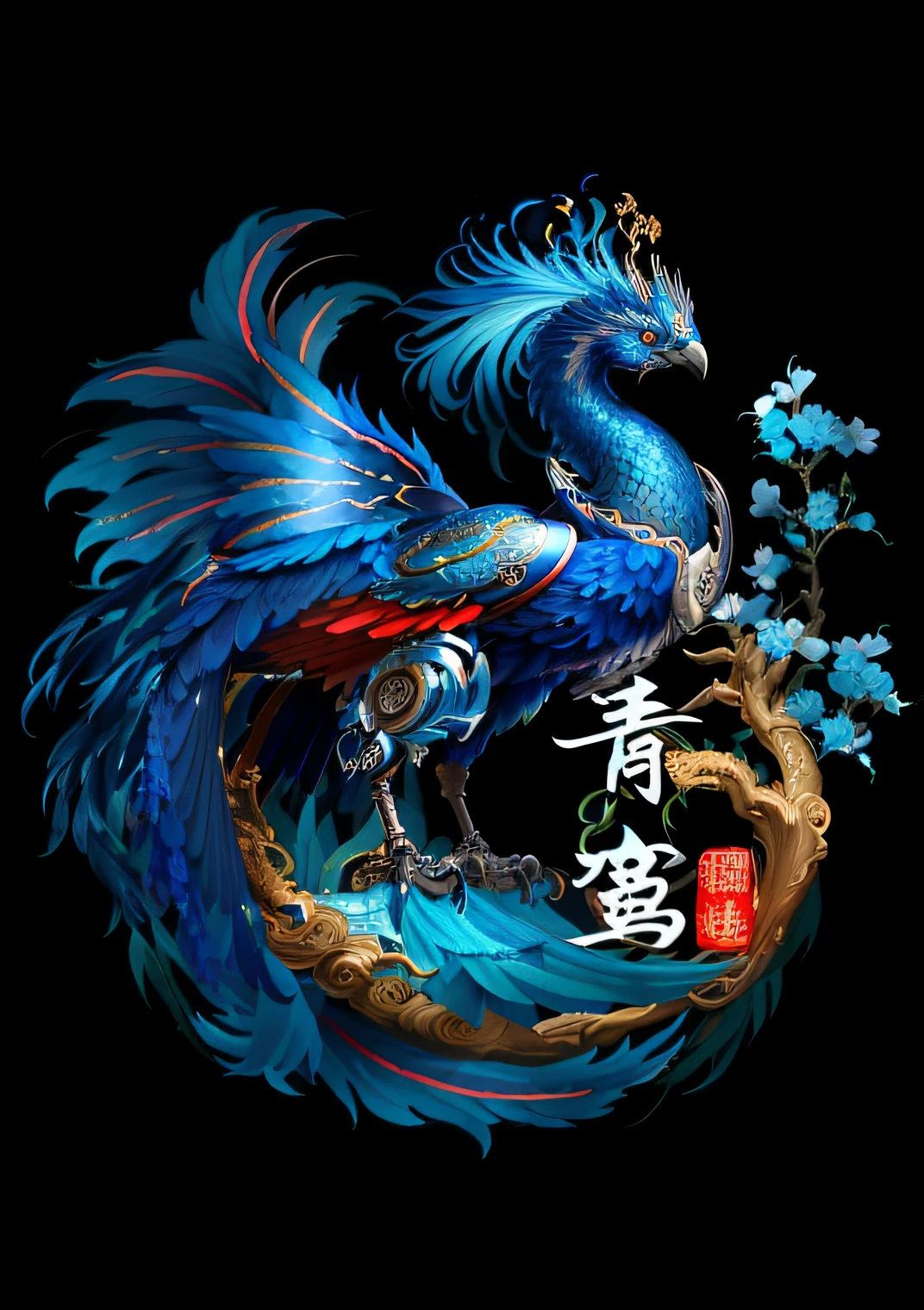 Close-up of a bird with flowers on its branches, blue phoenix bird, Chinese fantasy, inspired by Kanō Hōgai，Incorporating mechanical elements by the author：Tan Yang Kano, shui mo hua, Blue dragon, phoenix dragon, inspired by Nōami, G Liulian art style, kanliu666, author：Juda, Chinese mythology