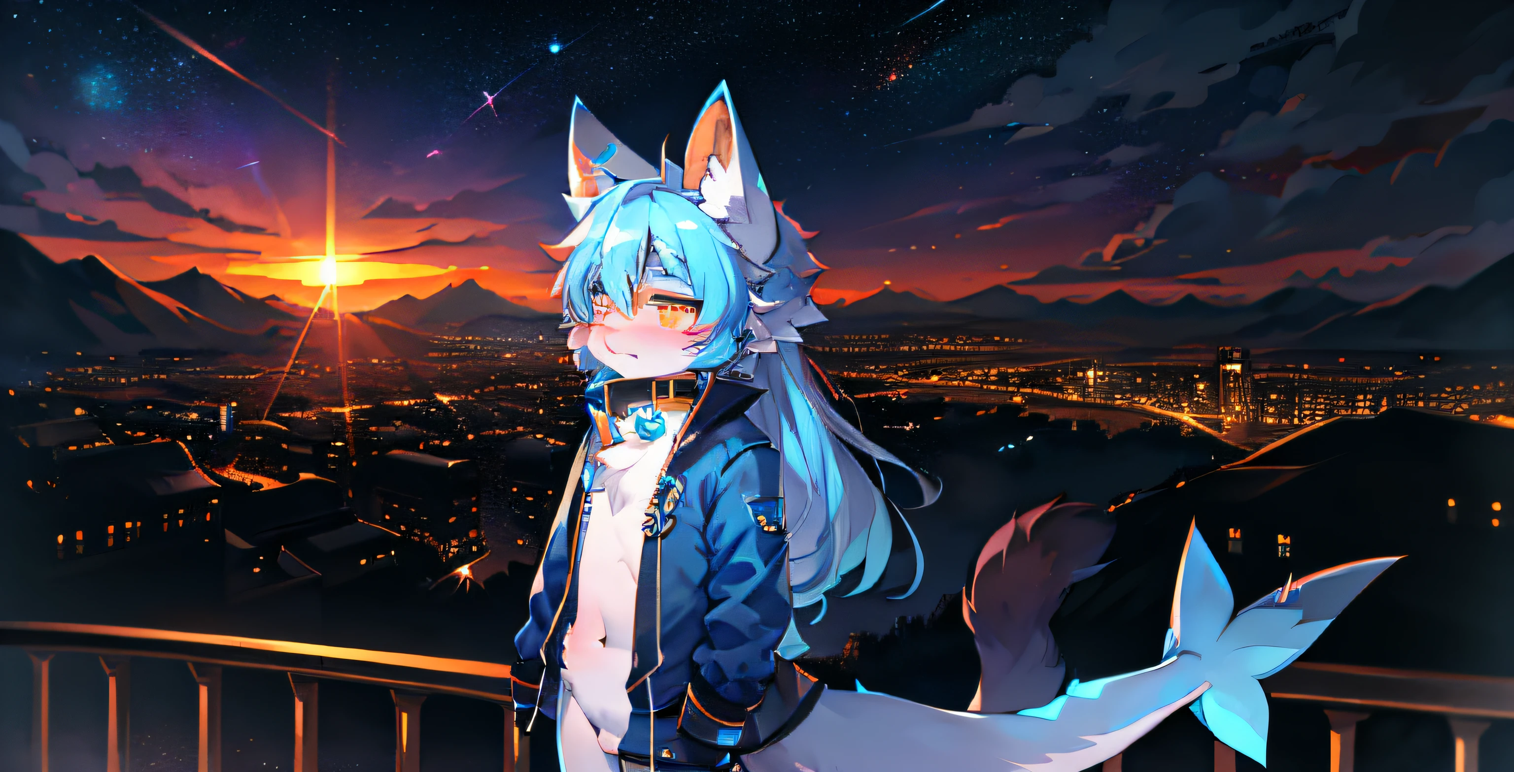 shota, long whitr hair, Space eye, Glowing eyes, femboy, City of Norn, the setting sun, midynight, Cat ears, Dark blue ears, Shark tail, Dark blue meow shark, deep blue jacket, adolable, collars, Two tail, Space Katana, Deities, fur body, full bodyesbian, The lower body is Meow shark, 人物, tmasterpiece, Fluffy tail, actual, is shy, NFSW, highest quality, 8k, R-18, Full-HD, Binaural meow shark,springtime,OC,,soul fox blue