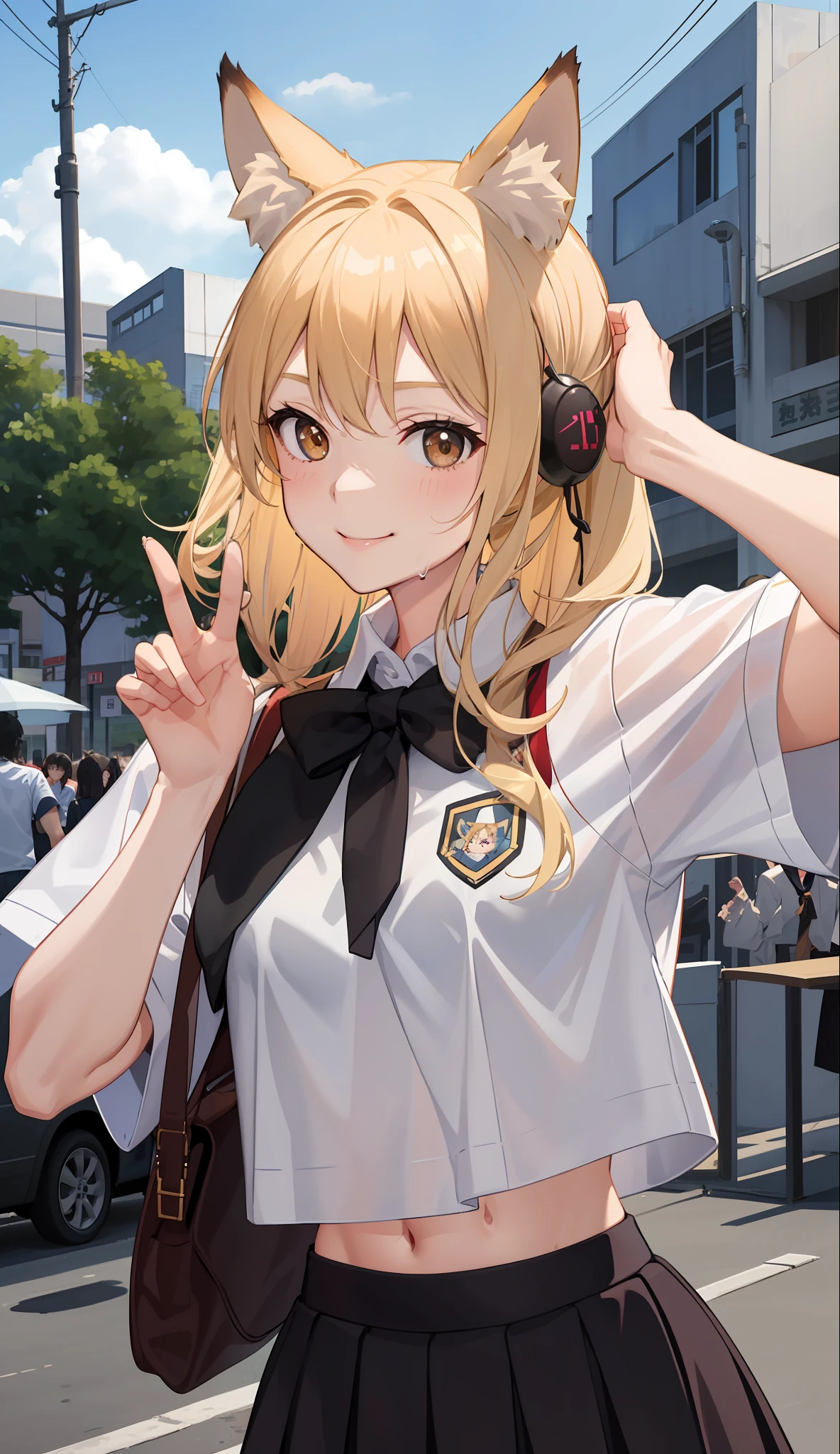 1girl in、A smile、The shirt、skirt by the、(small tits)Chilarism、Japan High School Student Uniform、serafuku、summer clothing、Squall Drenched Uniform、Sheer bra、Fox ears、Blonde hair、(Upper body portrait)、