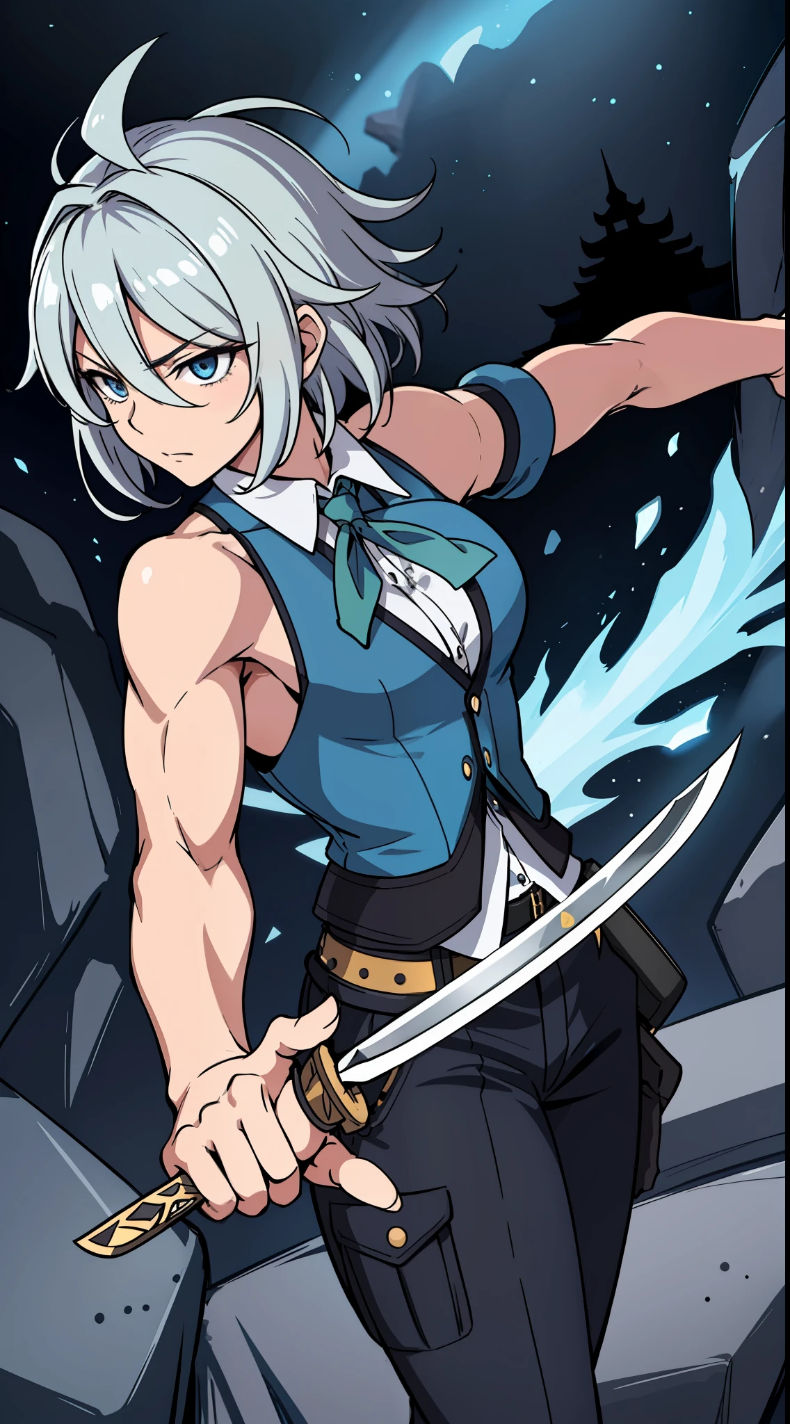 (((Sakuya Izayoi))), A beautiful Asian, silver short spiky hair, deep blue eyes, white shirt, muscle, ((((Dynamic pose)))) explorer with from the 1600s jungle explorer from the 1600s clothing and dark blue cargo pant cargo pants (((Uses time magic with her hand and with the other hand she holds a knife inside a dark and foreboding stone temple))) . (Masterpiece : 1,8), 64k quality, final fantasy artwork concept, detailed manga eyes, detailed hair, detailed clothes, detailed body, cleaner designs, detailed face pronounced, shiny objects like jewels, see creases on clothes, more coherent clothing, more rounded eyes transparent liquid globular, more colors, more coherent clothing , correct the features of the clothes, better eyes contour, better shoulders, really colorful, coarser line, black line, finishing . (coarser line) (black line) (homogeneous rendering: 1.3)
