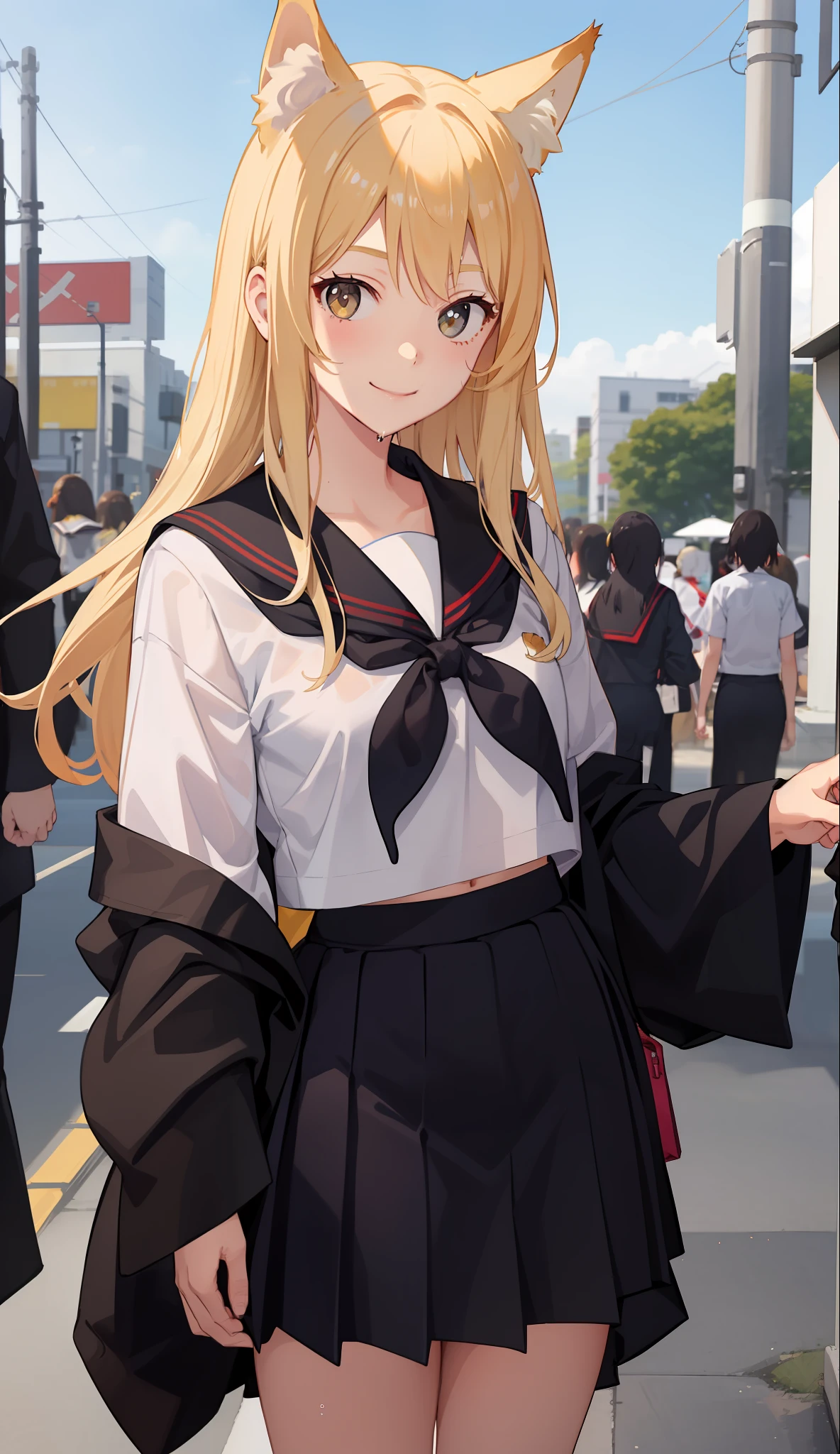 1girl in、A smile、The shirt、skirt by the、(small tits)Chilarism、Japan High School Student Uniform、serafuku、summer clothing、Squall Drenched Uniform、Sheer bra、Fox ears、Blonde hair、(Upper body portrait)、