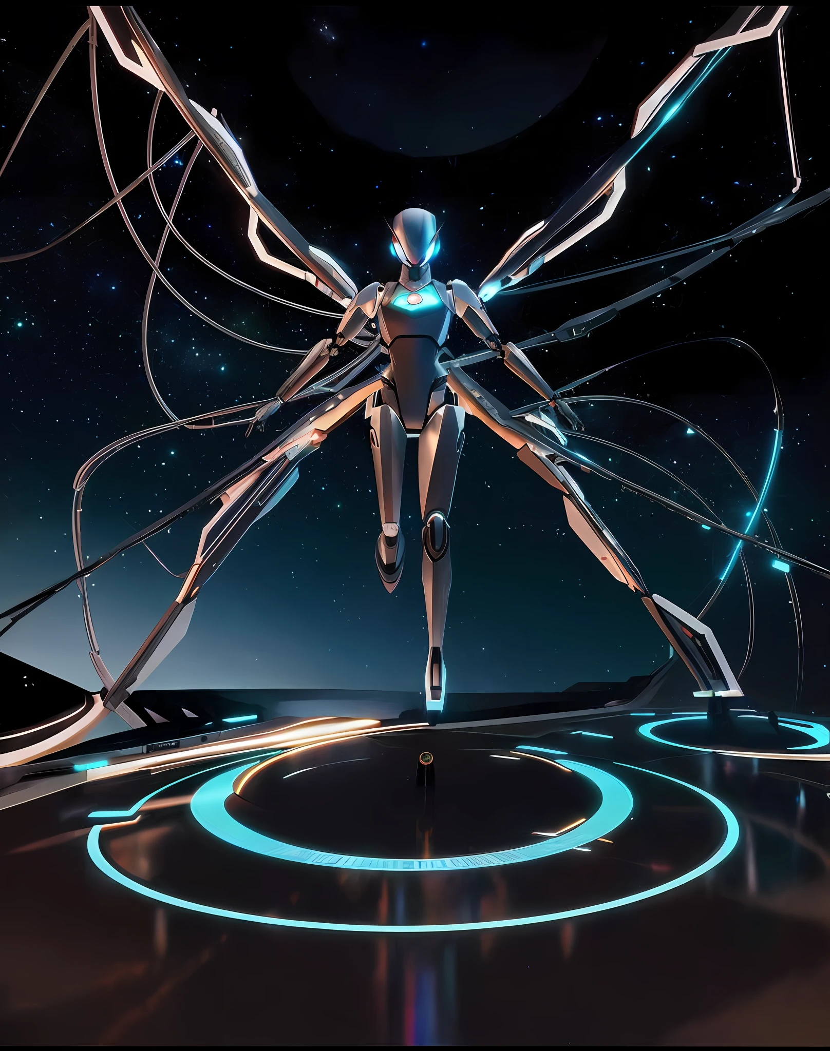 Futuristic woman standing on a futuristic surface with a circular light, Deusa ciborgue no cosmos, simetria! futuristic robotics, Ciborgue sereia com um chicote laser, futuristic robot angel, anime robotic mixed with organic, holograma pairando em torno dela, detailed cosmic angelic robot, Anime Art Nouveau Cosmic Display, mecha vitruviano, zona de enders, estilo cyber universe, depicted as a scifi scene
