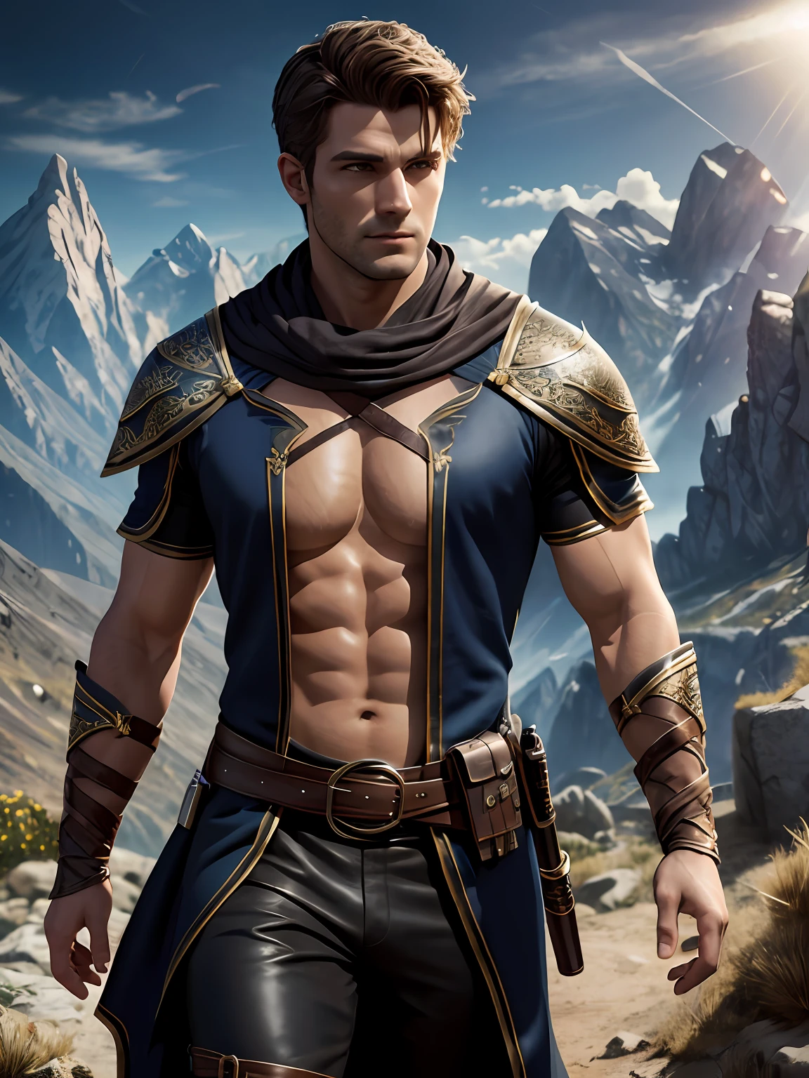 8k, ultra quality, hyperrealistic, photo, fantasy,
man, thief costume, full body
detailed skin, detailed face, brassiere, closed chest, cloth, bright, sunlight, outdoor mountains, darkness lighting, dnd