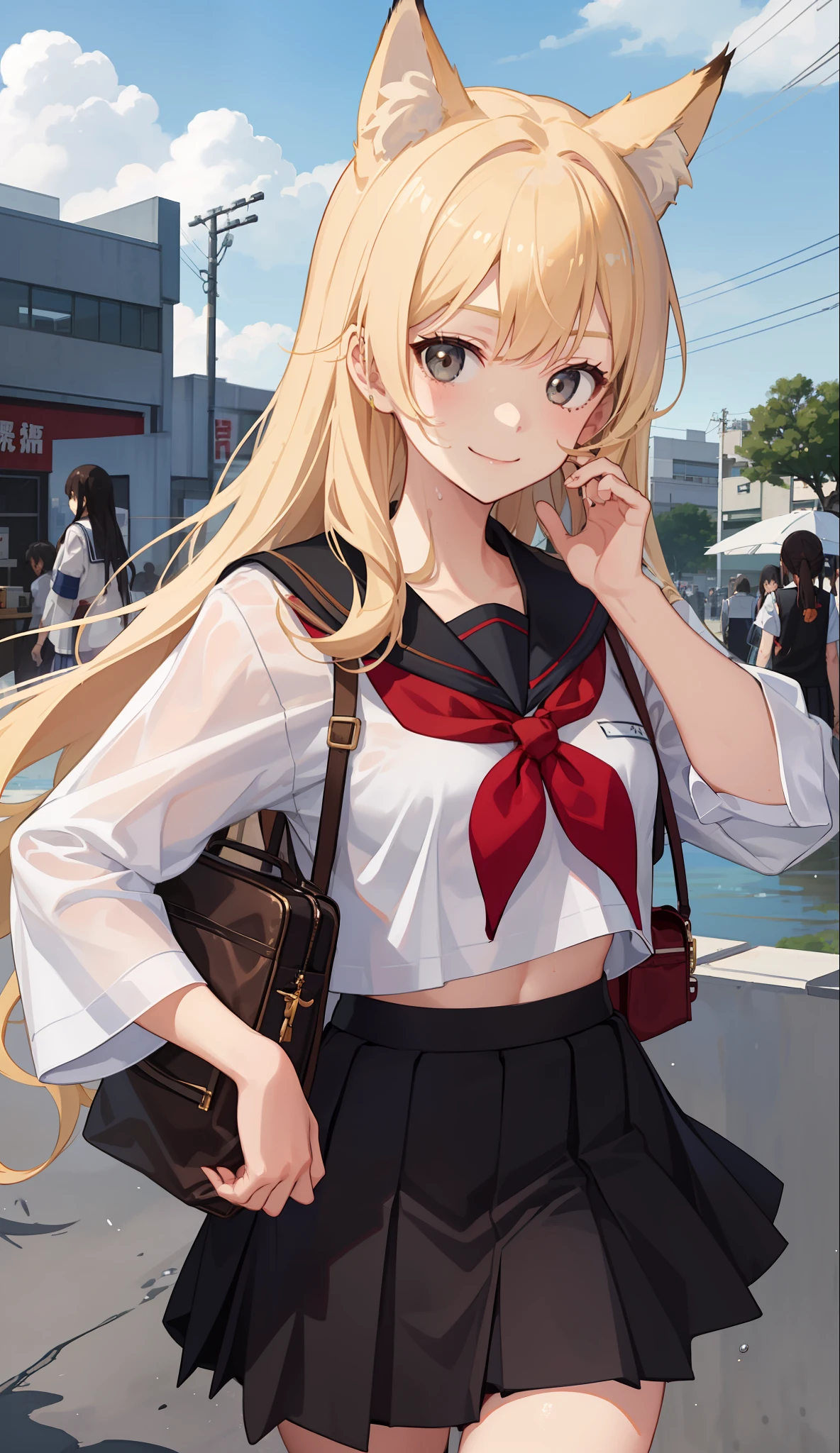 1girl in、A smile、The shirt、skirt by the、(small tits)Chilarism、Japan High School Student Uniform、serafuku、summer clothing、Squall Drenched Uniform、Sheer bra、Fox ears、Blonde hair、(Upper body portrait)、