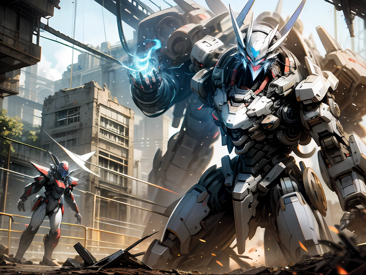 HD quality illustration,Silver-white mech warriors in the ruins of Pacific Rim cities,The body flashed with blue flames。