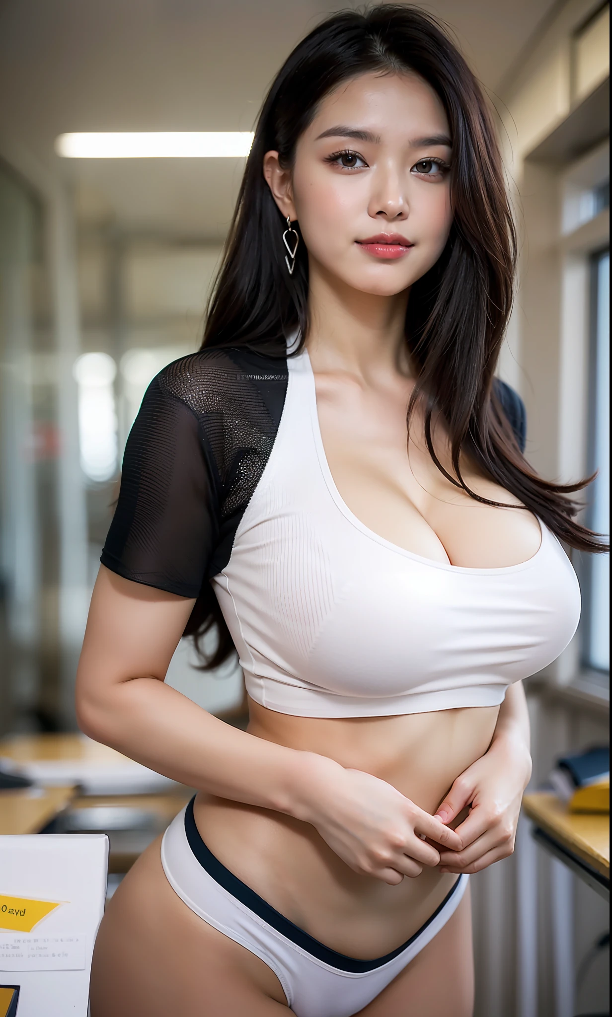 ulzzang -6500-v1.1, (Raw foto:1.2), (Photorealsitic:1.4), a beautiful detailed girl, extremely detailed eye and face, Beautiful detailed eyes, Ridiculous, Unbelievably ridiculous, huge filesize, ultra-detailliert, hight resolution, ighly detailed, top-quality, masterpiece,, ((Slender figure with big breasts)),gravure, ighly detailed, nffsw, unification, 8kwall paper, splendid, finely detail, masterpiece, top-quality, Highly detailed ticker uniform、8K、wall-paper, Light on the Face、电影灯光、17 years old girl、((Glamour Model Body Type))、((dynamicposes)))、(A big smile)、(Transcendent Beautiful Girl)、(Random hairstyle)、(ultra gigantic tits))、Whole human body、stick out buttocks、Depicted mainly on the buttocks、Big buttocks with tension、very large udder、I can see the cleavage、White Bikini、Sheer T-shirt、Schools、inside a classroom、chalk board、tw、posterior view、