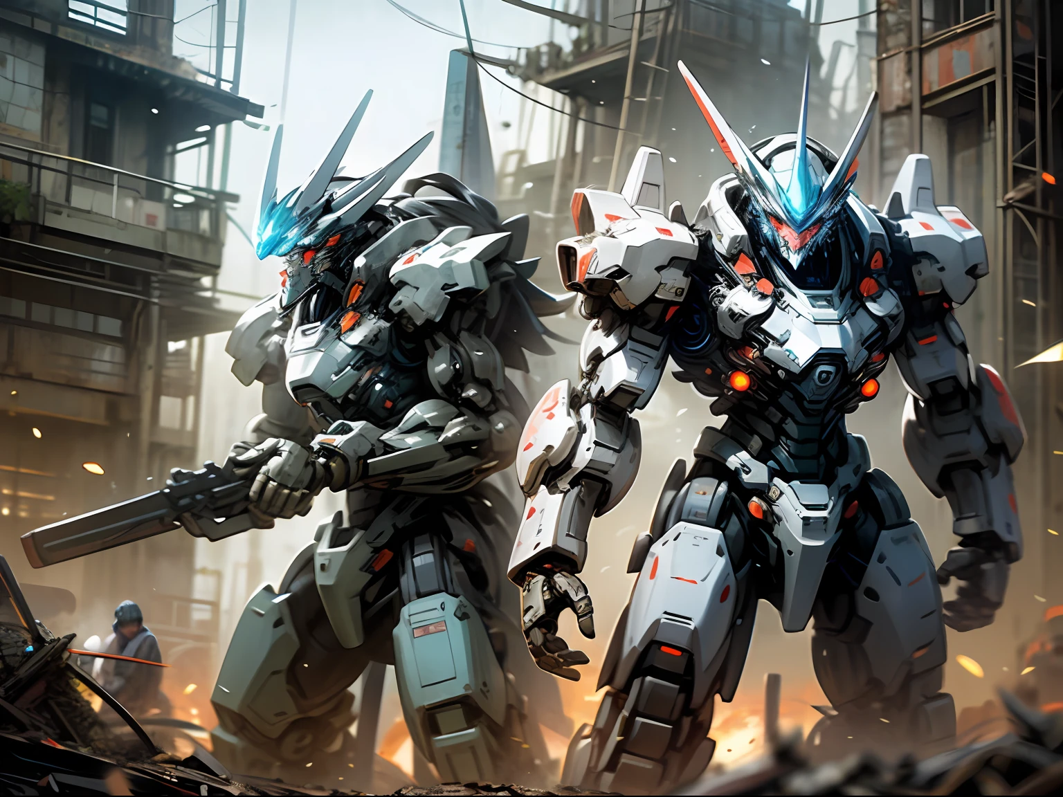 HD quality illustration,Silver-white mech warriors in the ruins of Pacific Rim cities,The body flashed with blue flames。