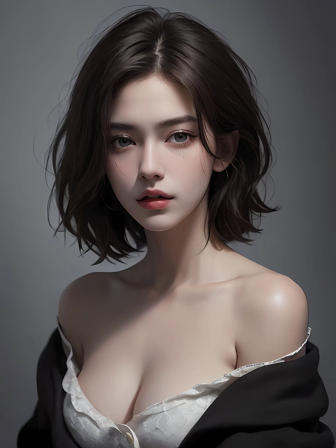 Best quality, masterpiece, ultra high res, (photorealistic:1.5), raw photo, 1girl, offshoulder, in the dark, deep shadow, low key, cold light, sexy look, short hair