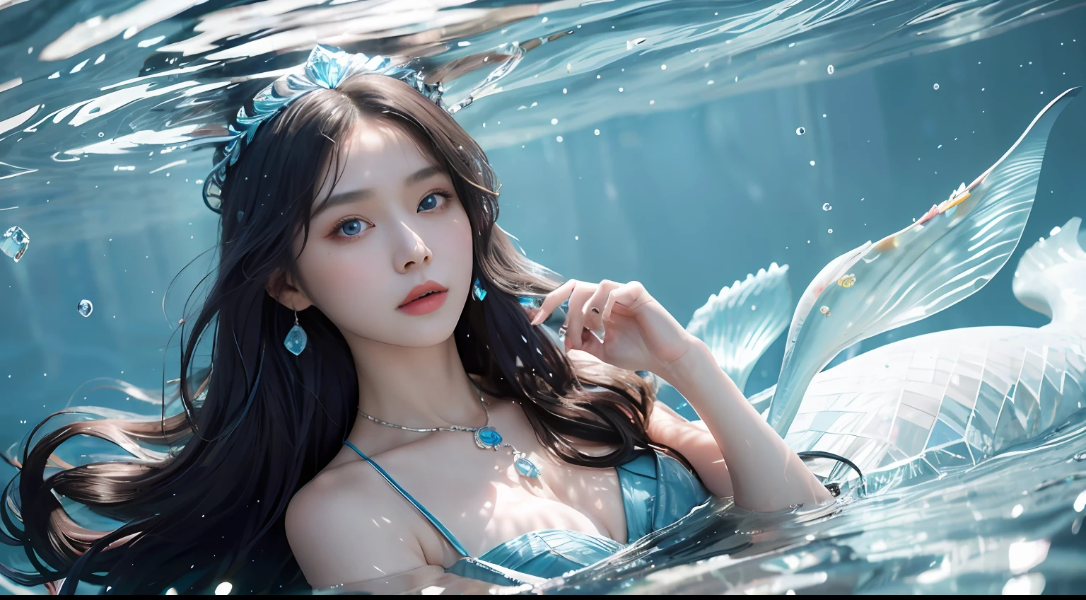 Best quality at best，tmasterpiece，超高分辨率（Fidelity：1.2），1 girl，Long blue hair，blue color eyes，A detailed face，beautidful eyes，（mermaids:1.5），Headwear necklace，Under the water，The background is blurred out，crystallineAI,full bodyesbian，