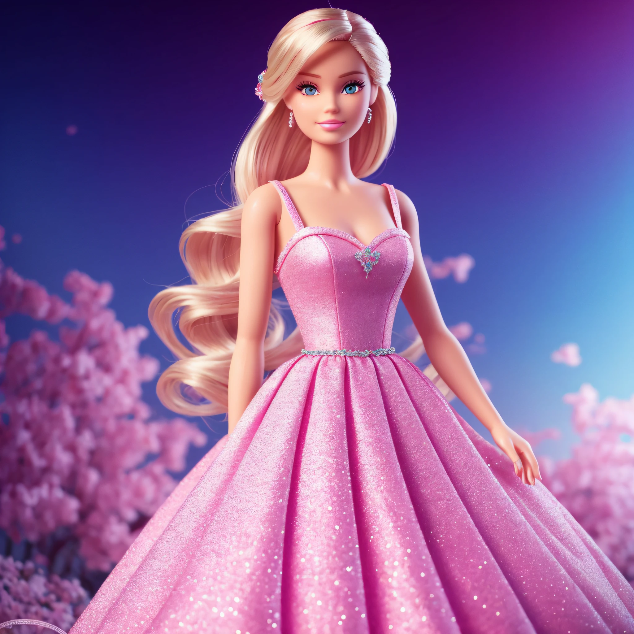 Barbie, blonde hair, shiver, long eyelashes, slight smile, blush, pink cinderella dress, Surrealism, drop shadow, anaglyph, stereogram, tachi-e, pov, atmospheric perspective, 8k, full body shot, super detail, accurate, best quality --auto