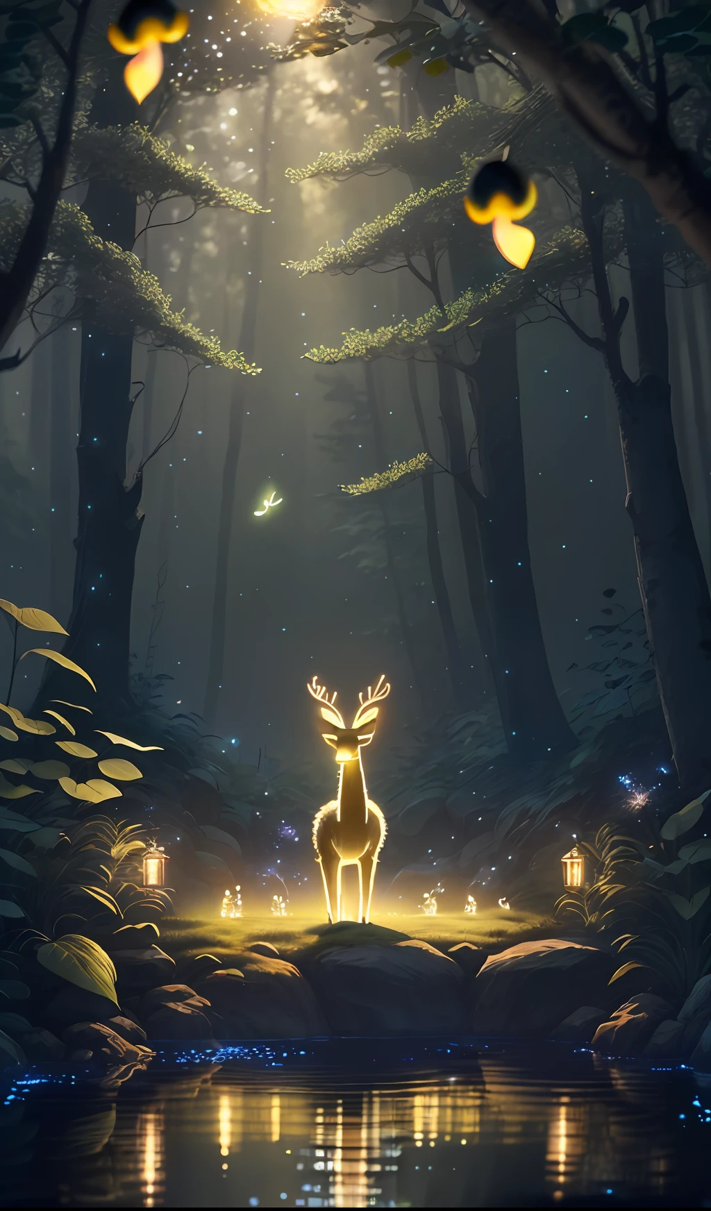 Masterpiece, best quality, (very detailed CG unity 8k wallpaper), (best quality), (best illustration), (best shadows), glow sprite, with a glowing deer, in the swimming pool Drinking water, natural elements in the forest theme. Mysterious forest, beautiful forest, nature, surrounded by flowers, delicate leaves and branches surrounded by fireflies (natural elements), (jungle theme), (leaves), (twigs), (fireflies), (particle effects) etc. 3D , Octane rendering, ray tracing, super detailed