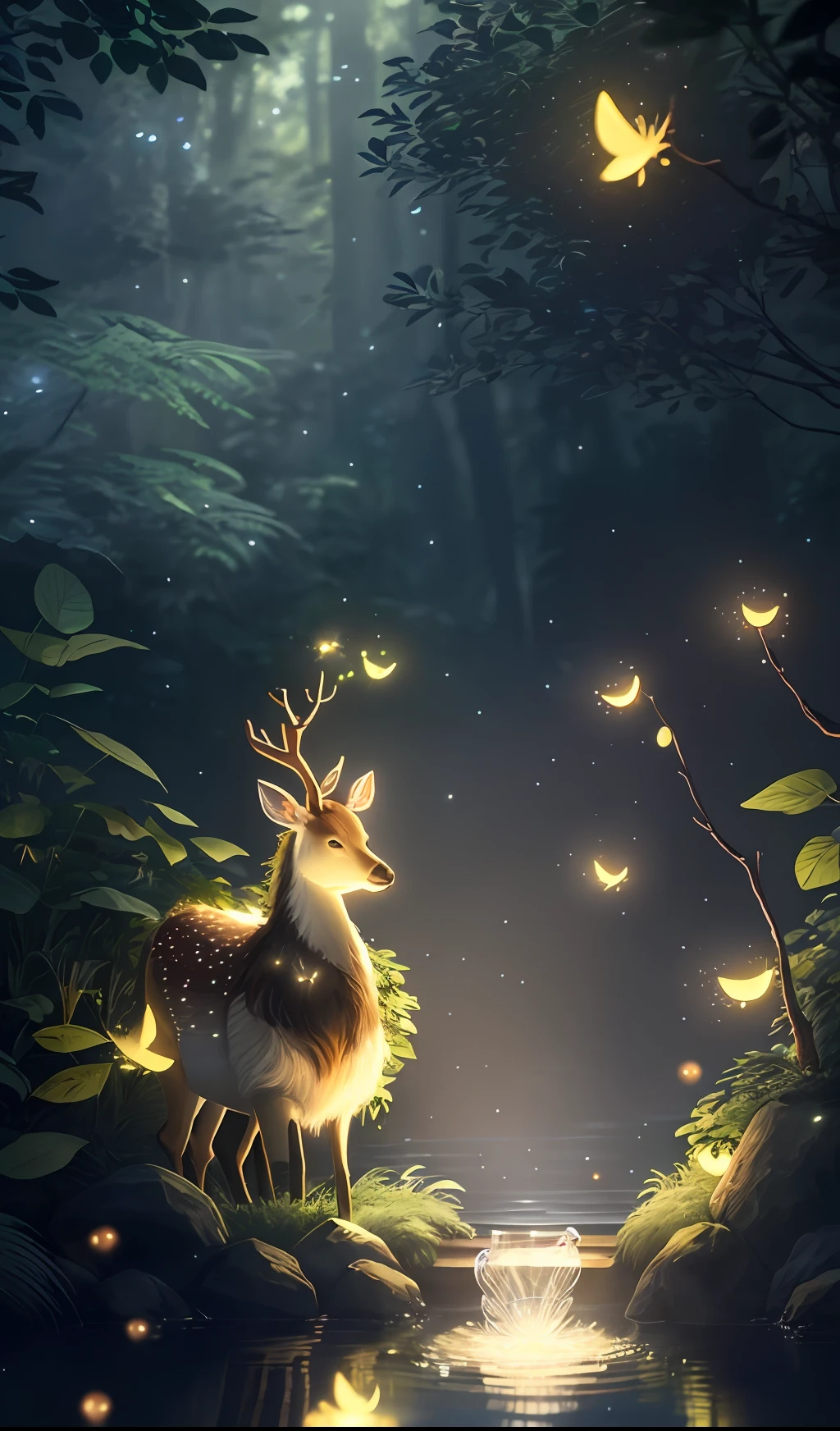 Masterpiece, best quality, (very detailed CG unity 8k wallpaper), (best quality), (best illustration), (best shadows), glow sprite, with a glowing deer, in the swimming pool Drinking water, natural elements in the forest theme. Mysterious forest, beautiful forest, nature, surrounded by flowers, delicate leaves and branches surrounded by fireflies (natural elements), (jungle theme), (leaves), (twigs), (fireflies), (particle effects) etc. 3D , Octane rendering, ray tracing, super detailed