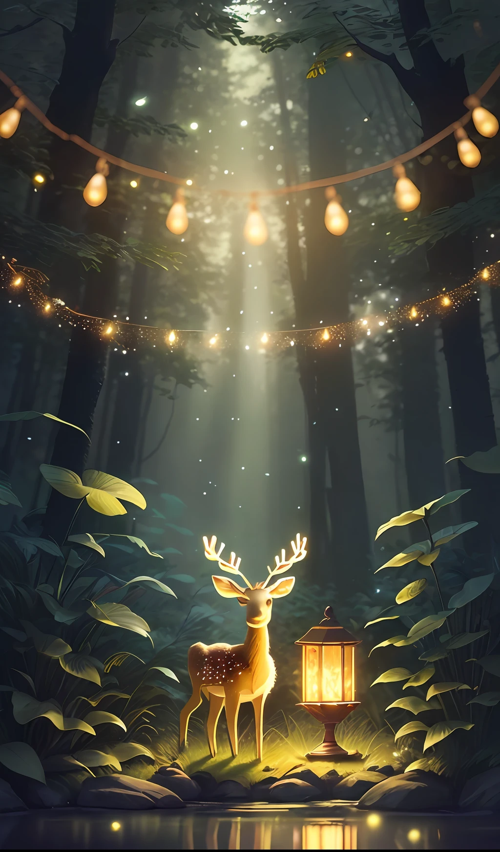 Masterpiece, best quality, (very detailed CG unity 8k wallpaper), (best quality), (best illustration), (best shadows), glow sprite, with a glowing deer, in the swimming pool Drinking water, natural elements in the forest theme. Mysterious forest, beautiful forest, nature, surrounded by flowers, delicate leaves and branches surrounded by fireflies (natural elements), (jungle theme), (leaves), (twigs), (fireflies), (particle effects) etc. 3D , Octane rendering, ray tracing, super detailed