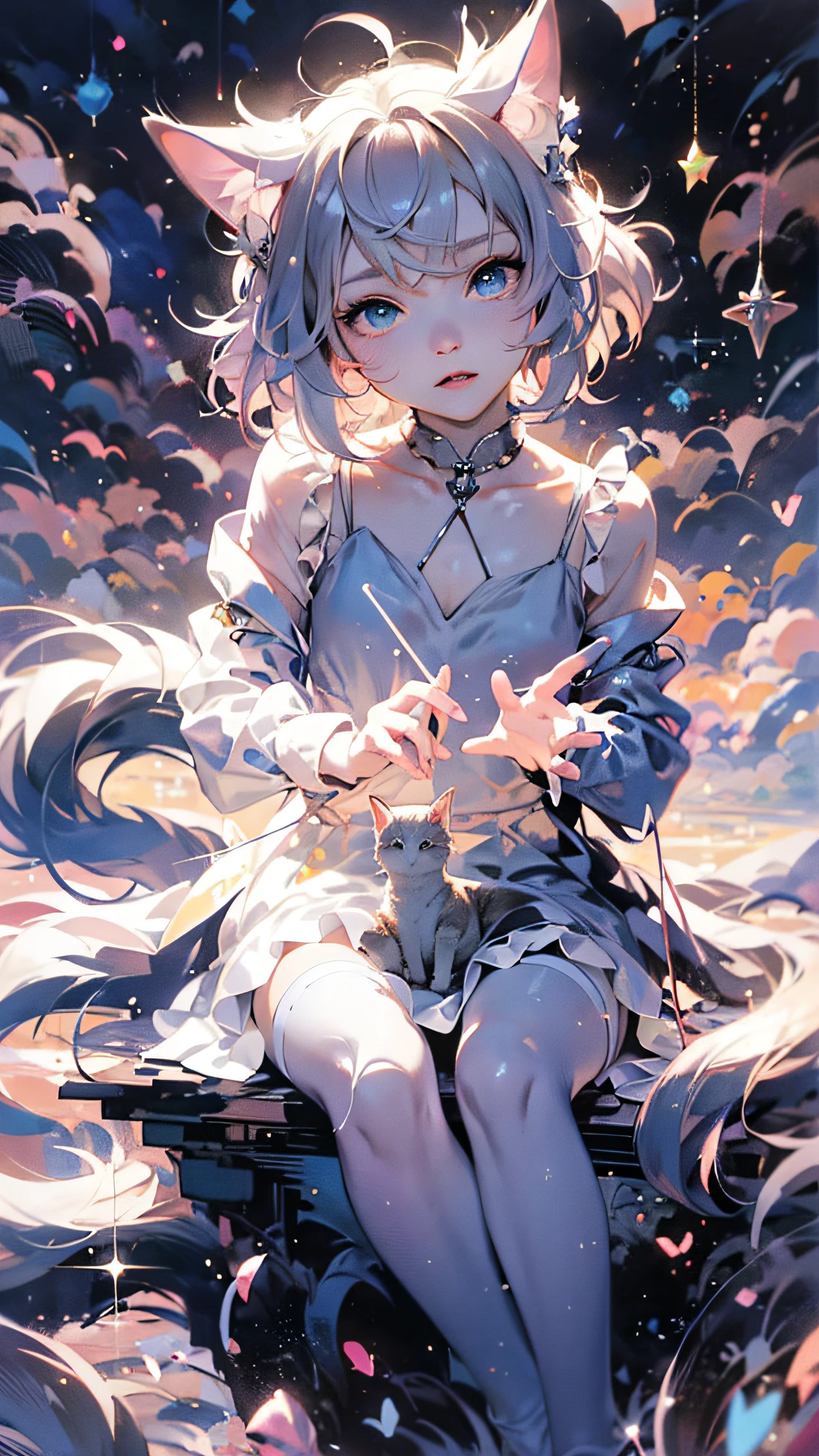 Anime cat with blue eyes and stars in background, anime cat, Cute cat of anime visual, Realistic anime cats, Lovely detailed digital art, Anime art wallpaper 4 K, Anime art wallpaper 4k, Very, very beautiful furry art, beautiful anime catgirl, Very beautiful anime cat girl, 4 k comic wallpaper, cute anime catgirl, Anime art wallpaper 8 K,white stockings,