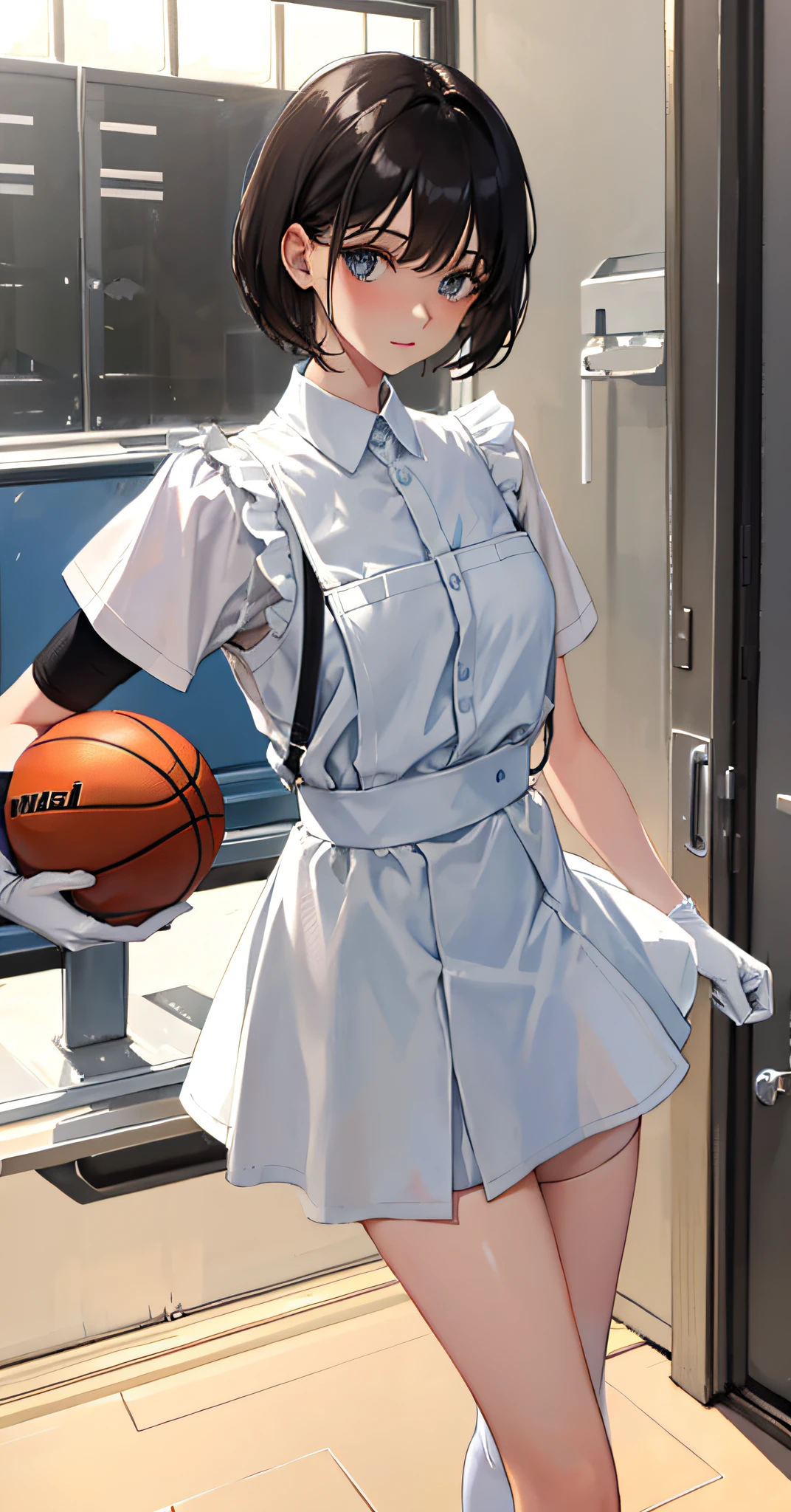 toaster,playingbasketball,whiteSuspendersclothes,blackshirtunderthesuspendeders,Middleparthairstyle,shorthair, White gloves,delicate leg