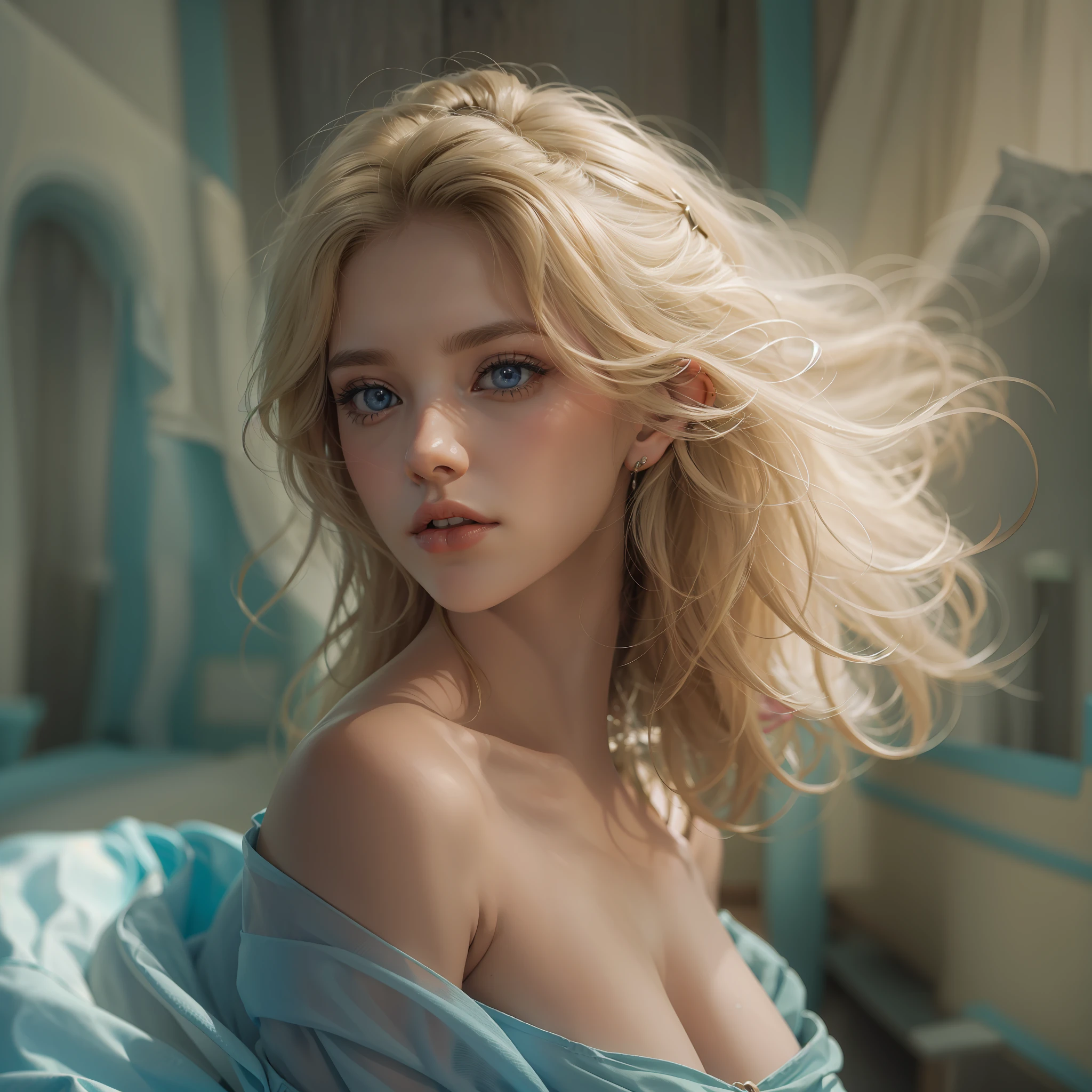 "(((obra-prima))), melhor qualidade, ultra-detallhado, High resolution CG image with a beautiful blonde woman with bright blue eyes, retratados em detalhes fascinantes. His delicate body is accurately represented at every angle. Ela possui longos cabelos loiros que caem suavemente sobre seu vestido da era atual, The upper part of his body is sculpted to perfection. "