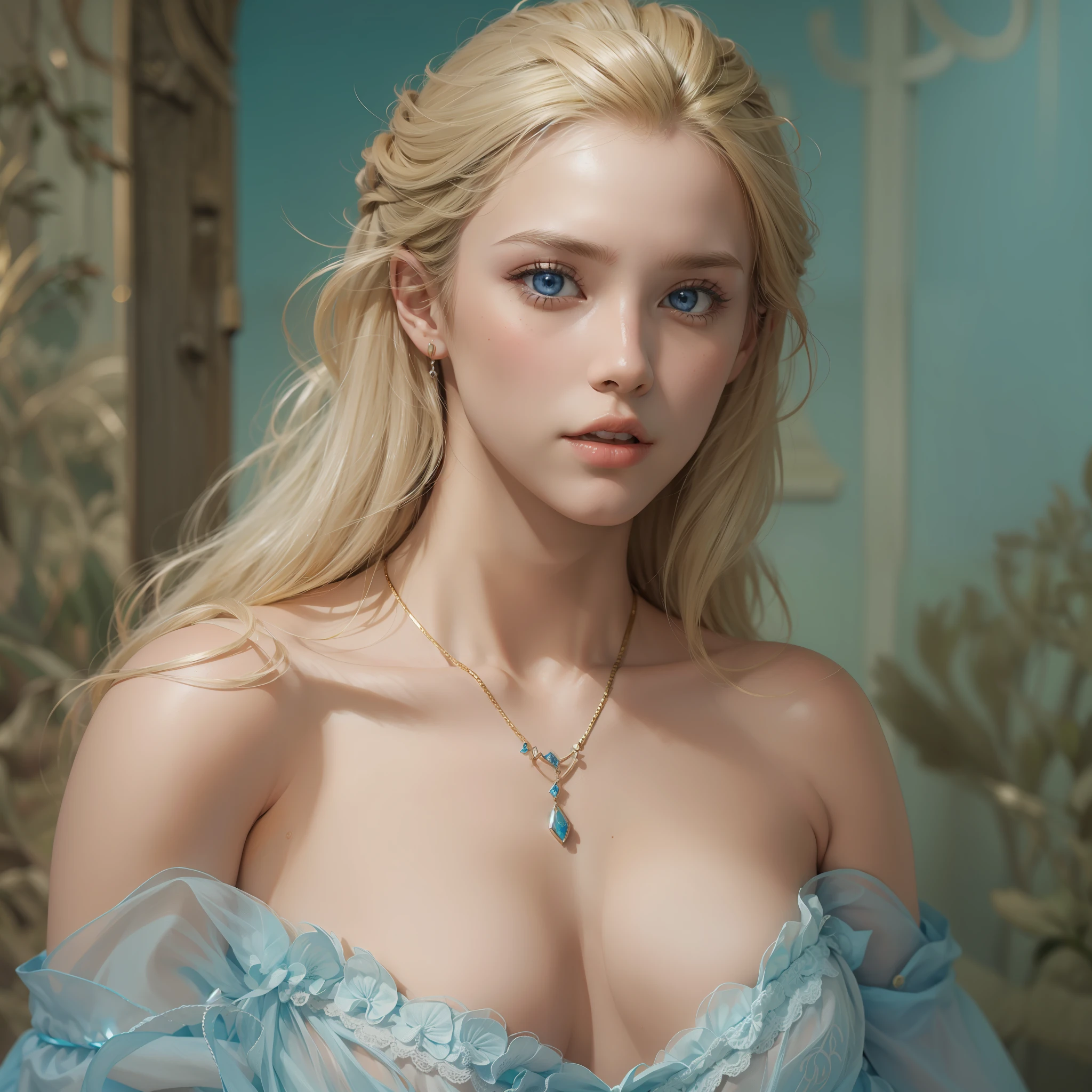 "(((obra-prima))), melhor qualidade, ultra-detallhado, High resolution CG image with a beautiful blonde woman with bright blue eyes, retratados em detalhes fascinantes. His delicate body is accurately represented at every angle. Ela possui longos cabelos loiros que caem suavemente sobre seu vestido da era atual, The upper part of his body is sculpted to perfection. "