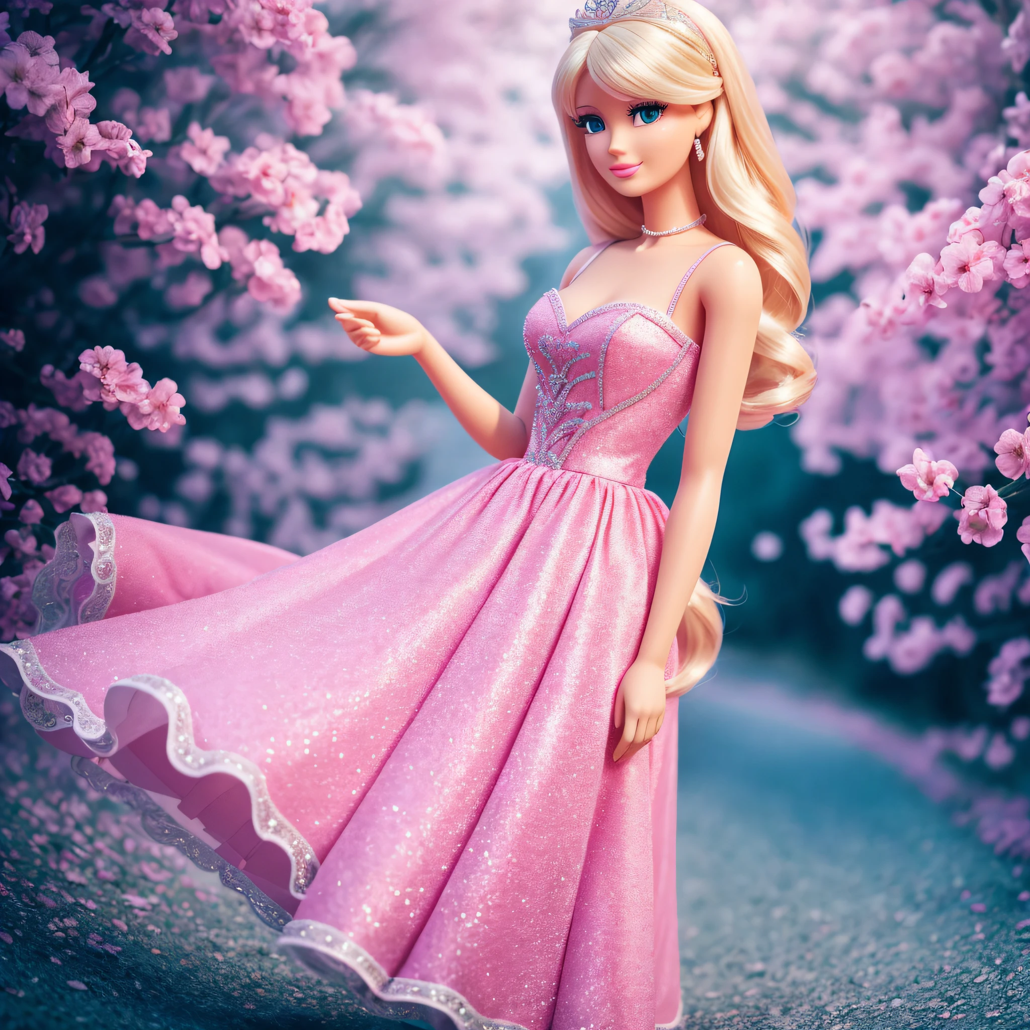 Barbie, blonde hair, shiver, long eyelashes, slight smile, blush, pink cinderella dress, Surrealism, drop shadow, anaglyph, stereogram, tachi-e, pov, atmospheric perspective, 8k, full body shot, super detail, accurate, best quality --auto