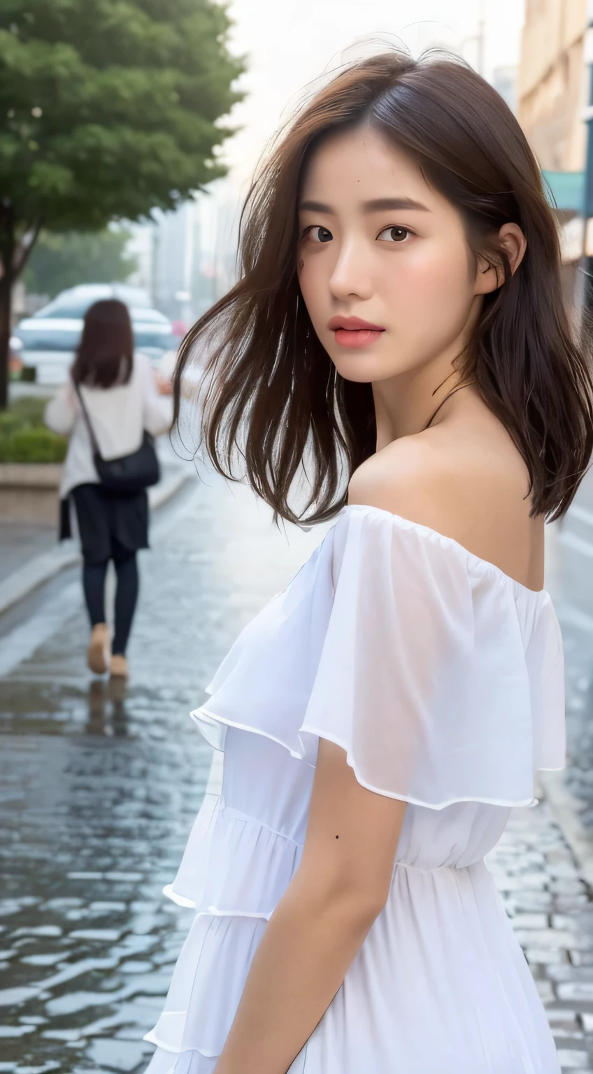 ((Best Quality, 8K, Masterpiece:1.3)), Focus: 1.2, Perfect Body Beauty: 1.4, Buttocks: 1.2, ((Layered Haircut, Breasts: 1.2)), (Wet Clothes: 1.1) , (Rain, Street:1.3), Bandeau Dress: 1.1, Highly Detailed Face and Skin Texture, Delicate Eyes, Double Eyelids, Whitened Skin, Long Hair