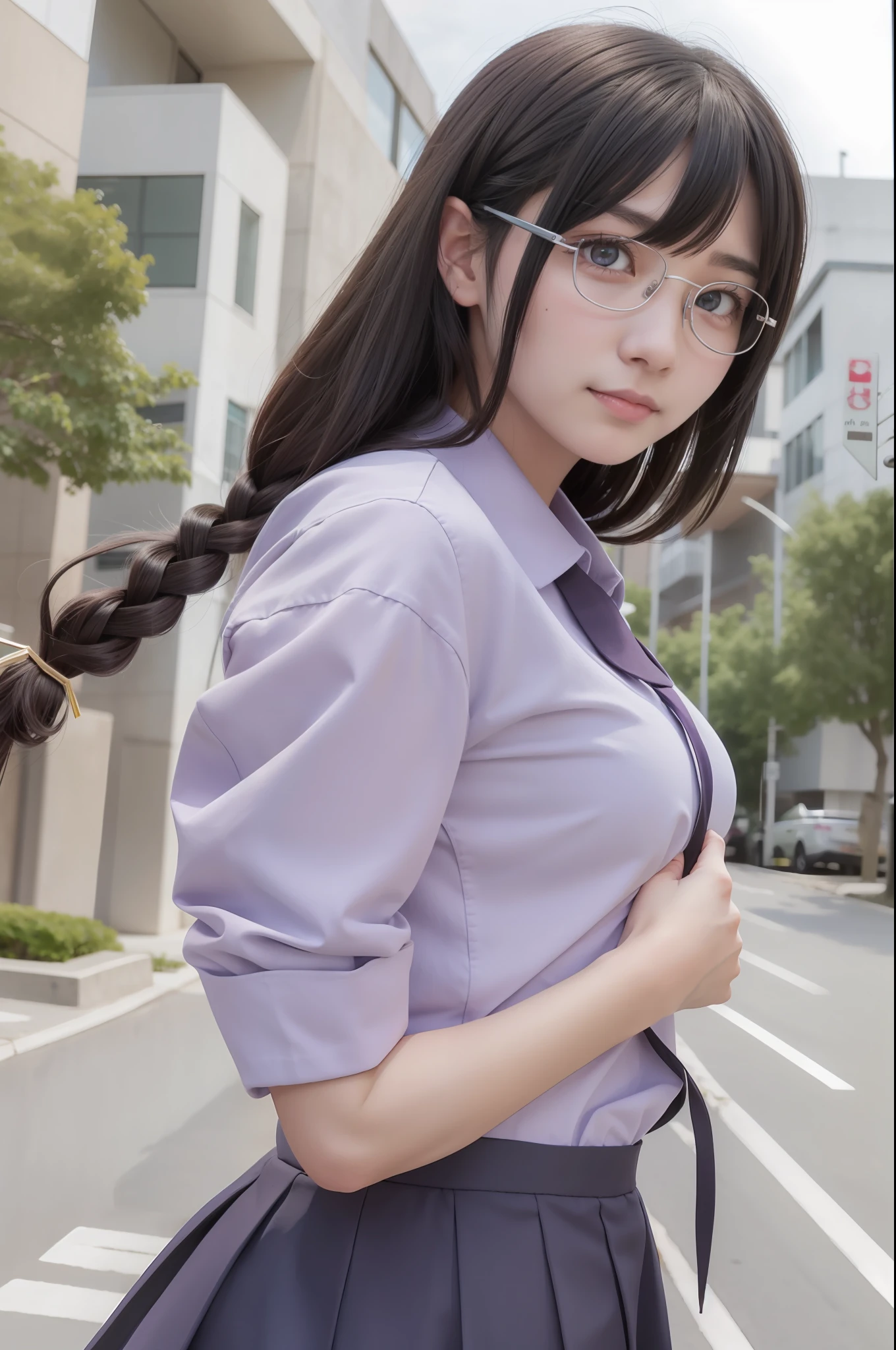 hanekawatsubasa, hanekawa tsubasa, Long hair, Black hair, Hair Ornament, (Purple eyes:1.1), hair clips, Twin braids, naoetsu high school uniform, Glasses, BREAK skirt, School uniform, naoetsu high school uniform, BREAK outdoors, city, BREAK looking at viewer, BREAK (masutepiece:1.2), Best Quality, High resolution, Unity 8k壁纸, (Illustration:0.8), (Beautiful detailed eyes:1.6), extra detailed face, Perfect Lighting, extremely details CG, (Perfect hands, Perfect Anatomy),a smile