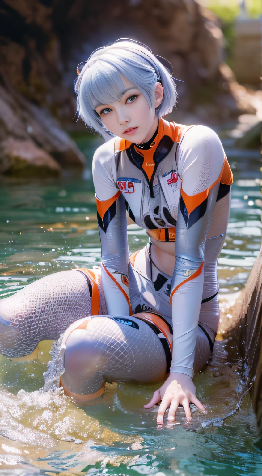 photorealisim, ((Rei Ayanami)from a(Neon Genesis Evangelion)), (Face the camera directly),(Immerse in water to knee depth), Perfect smile ,Princess Eyes, laced lingerie, Realistic beautiful girl full body portrait, , de pele branca, Her eyes are beautiful bright red, Fantastic face, beautiful look, In a sitting position, 8k resolution concept art portrait, in beach, Under the midsummer sun , Pulp Adventure Style, fluid acrylic, Dynamic gradients, Vivid Color, illustratio, Highly detailed vector curves, It features a simple, Smooth and clean, Vector art, Smooth, Character Design, 3D Shading, Cinematic, ornate pattern, elegant organic framing, Hyper-Realism, Posterized, Collection of masterpieces,bright colour, Wet gouache, Reallife Human,