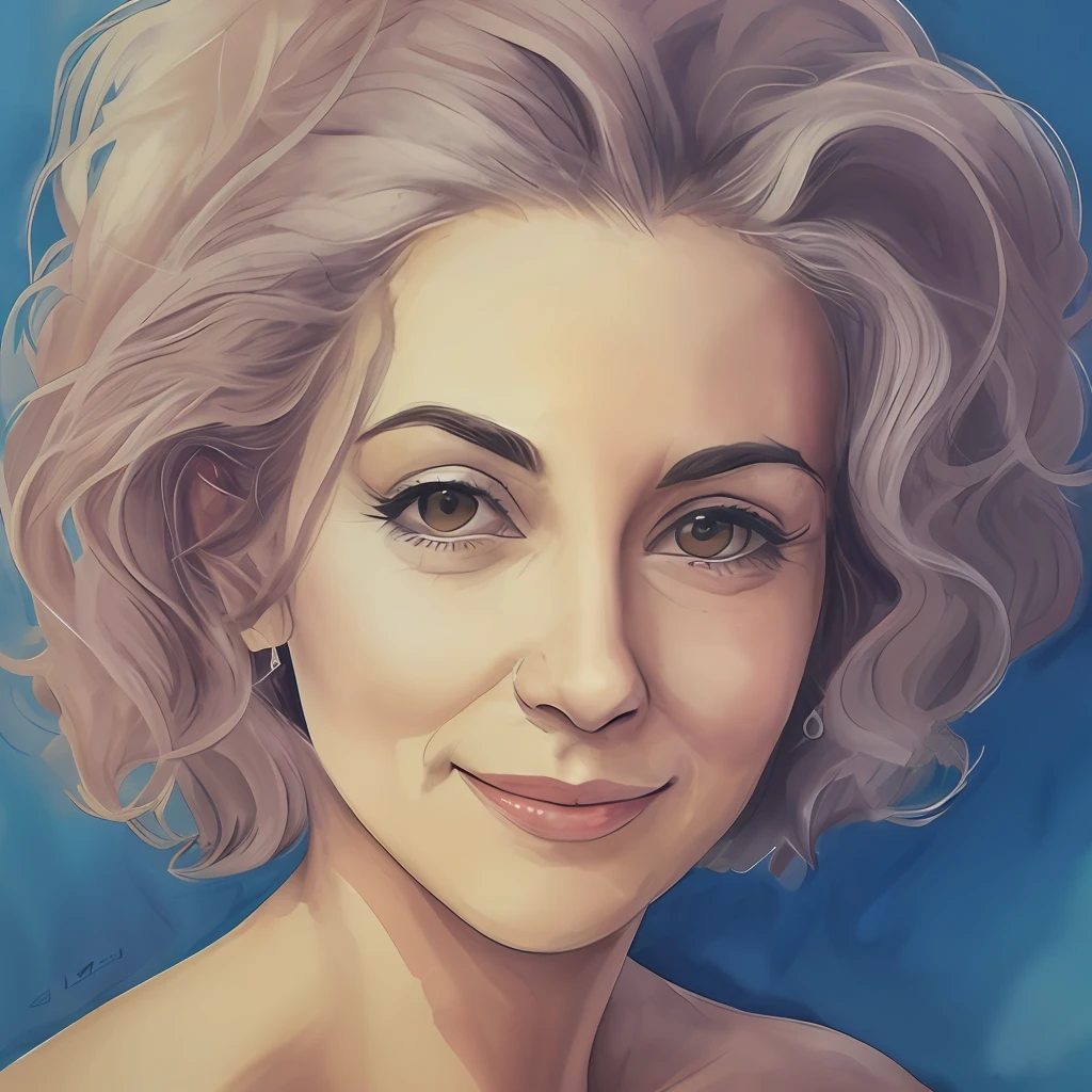 Um quadro aquarela, com Um rosto sorridente de mulher com 40 anos, cabelo bem curto e roxo