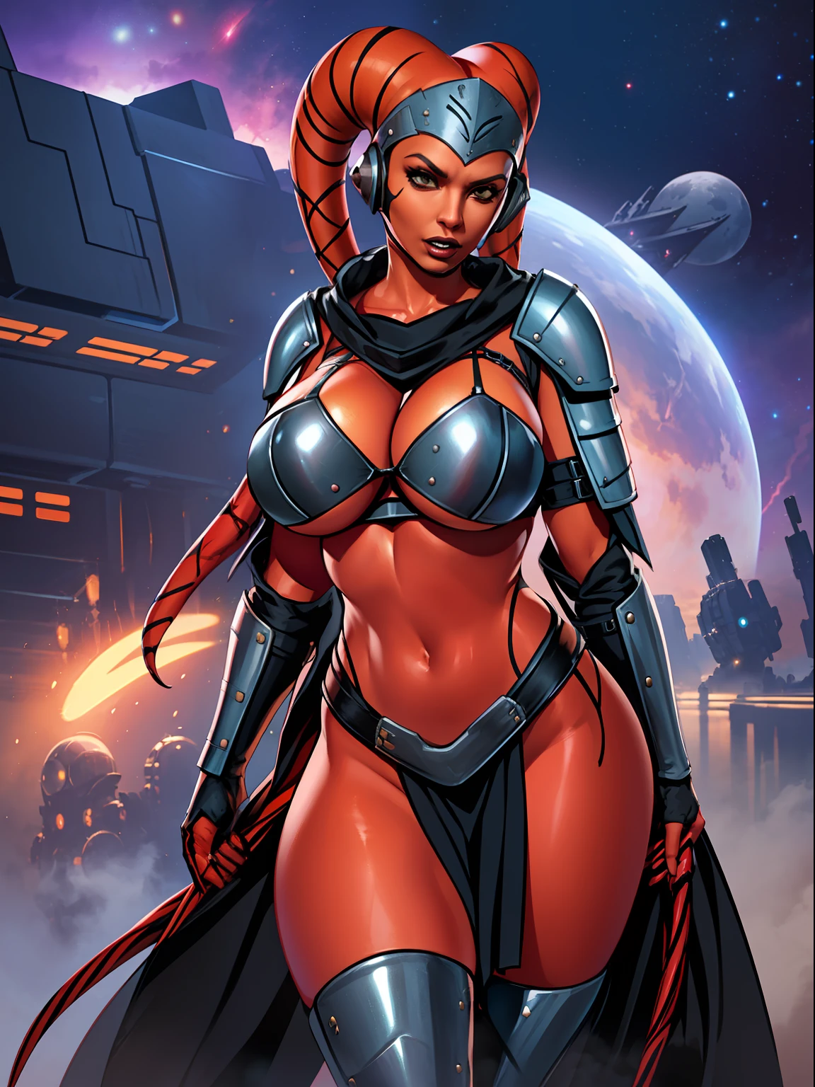 armor, busty, gigantic boobs, ((red skin), twi'lek), evil space knight, space ninja, (wearing black robes, black stealth armor, breastplate, tunic, tabard, cowl, cloak, body glove, straps, buckles, skirts, long sleeves, thigh high boots, fantasy, ((armor))), ((busty), slender body, thin, slim sexy body, slim waist, long legs, toned legs, (((gigantic breasts)))), Imperial starship, Star Wars,