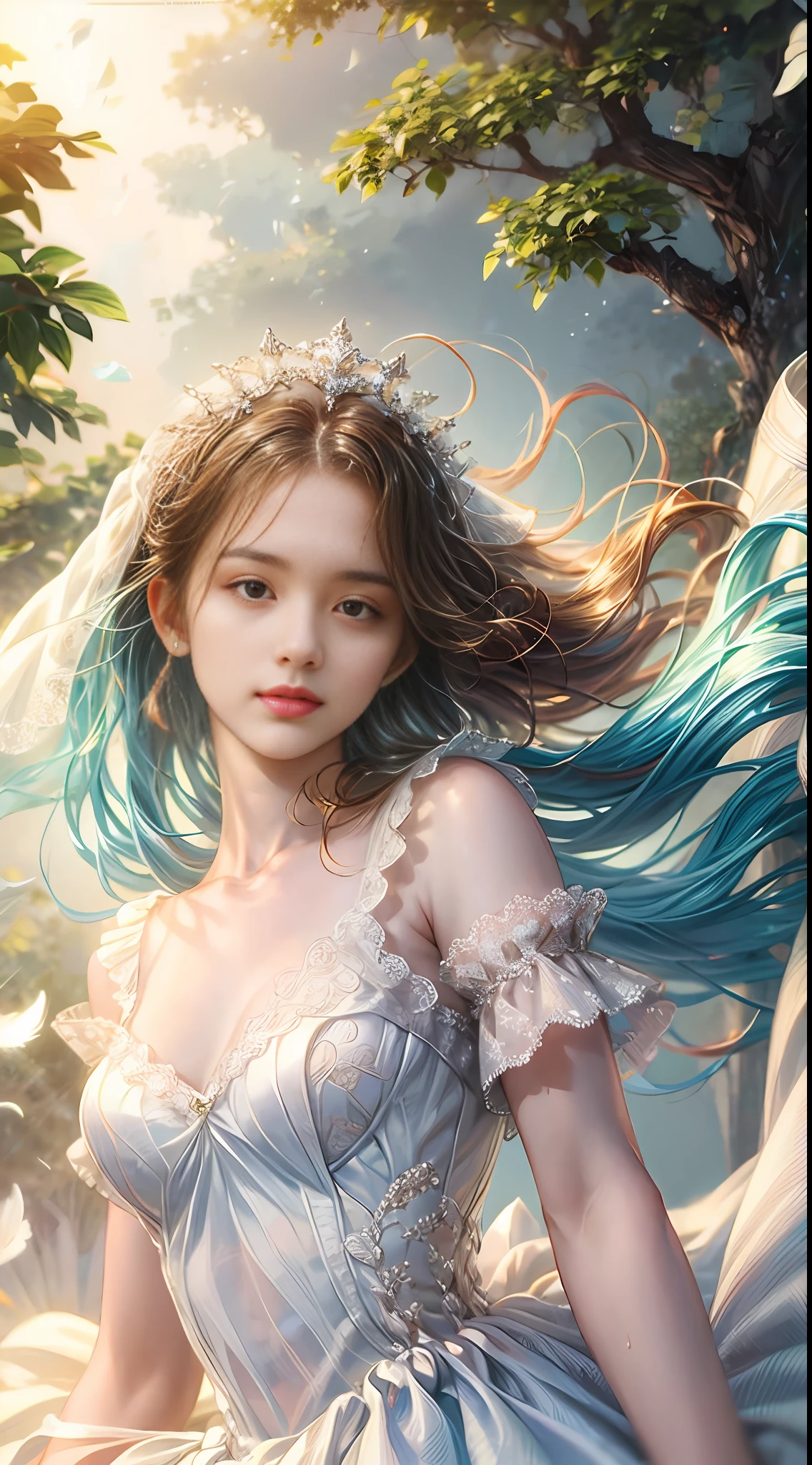 A girl,ite,realisticlying,white dresses, The upper part of the body, Realistis,Flowering trees,Floating hair, Detailed face --auto