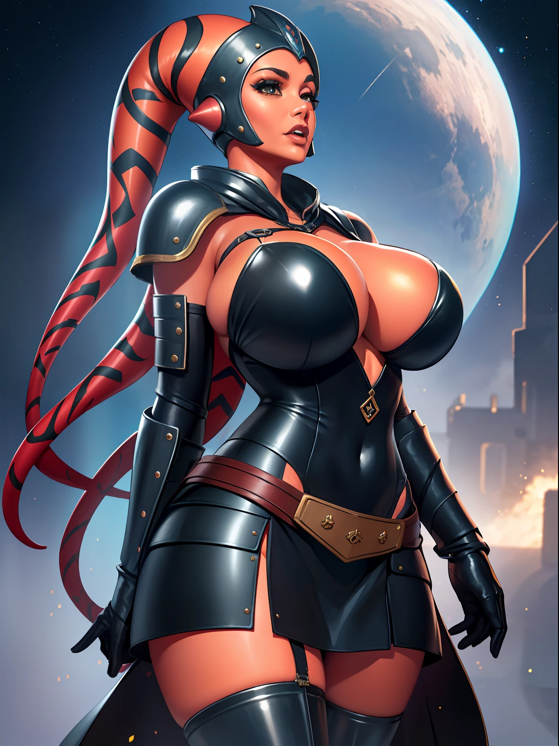 armor, busty, gigantic boobs, ((red skin), twi'lek), stretching, evil space knight, space ninja, (wearing black robes, black stealth armor, breastplate, tunic, tabard, cowl, cloak, body glove, straps, buckles, skirts, long sleeves, thigh high boots, fantasy, ((armor))), ((busty), slender body, thin, slim sexy body, slim waist, long legs, toned legs, (((gigantic breasts)))), Imperial starship, Star Wars,