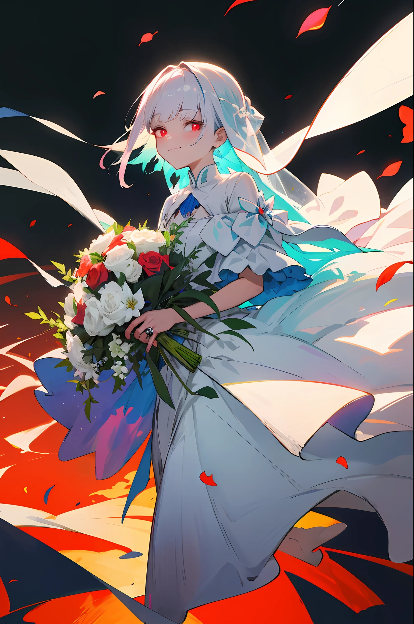 A maiden holding a bouquet: 1.2), wearing a wedding dress, clothes translucent, (wedding dress: 1.1), glowing eyes, floating hair, holding a bouquet, (faint smile: 1.3), magical girl, (church), stained glass background, rose petals, fantasy, looking at the viewer, (masterpiece, flat color, color: 1.0), (best quality: 1.2), (high precision: 1.1), 8k resolution, rich detail, perfect light and shadow, clear background