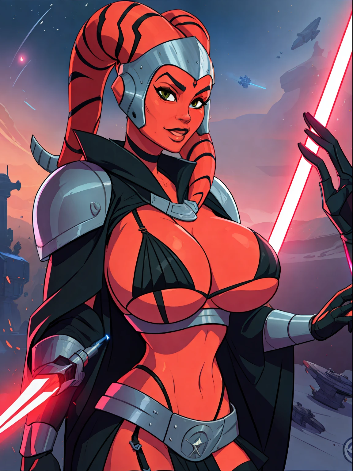 armor, busty, gigantic boobs, ((red skin), twi'lek), dual red lightsabers, evil space knight, space ninja, (wearing black robes, black stealth armor, breastplate, tunic, tabard, cowl, cloak, body glove, straps, buckles, skirts, long sleeves, thigh high boots, fantasy, ((armor))), ((busty), slender body, thin, slim sexy body, slim waist, long legs, toned legs, ((gigantic breasts))), Imperial starship, Star Wars,