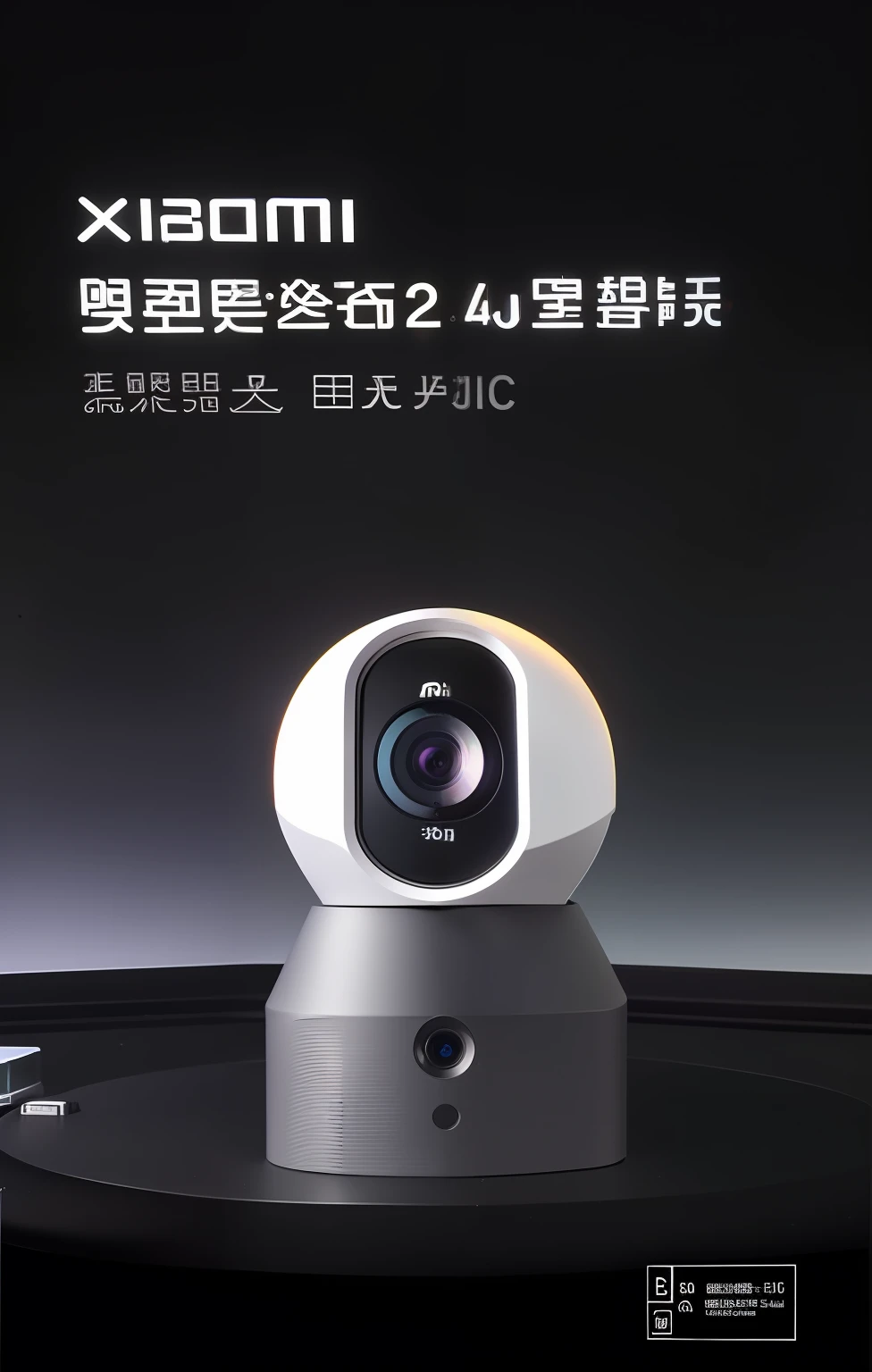 Surveillance camera on black background，The product is a Xiaomi brand camera，The main light source is in front of the left，There is a fill light on the right rear side，45° side，With submersion angle