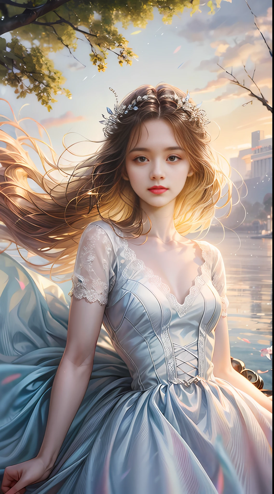 A woman in a blue dress sitting on a rock near a lake - SeaArt AI