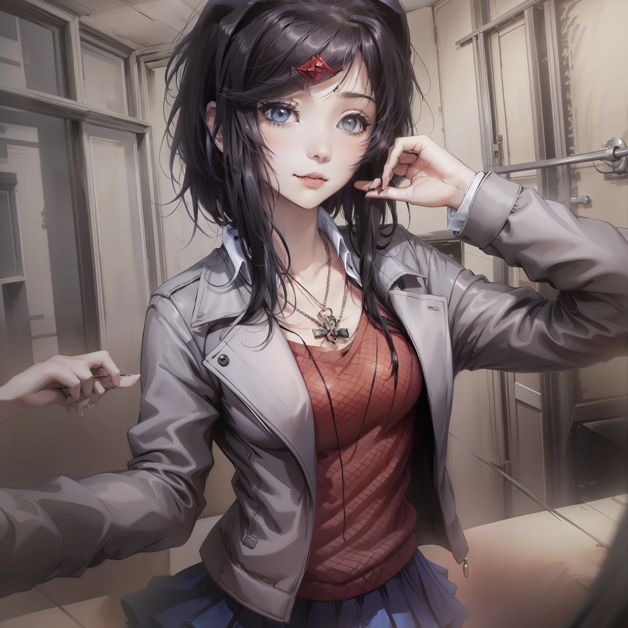 DDLCYURI, HAIR ORNAMENT, HAIRCLIP, LONG HAIR, (BLACK EYES:1.1), BLACK SHORT HAIR, GRIN, SMILE, BLAZER, BLOUSE, BLUE SKIRT, JACKET, BROWN JACKET, MINISKIRT, NECK RIBBON, RIBBON, SCHOOL UNIFORM, SHIRT, SKIRT, WHITE SHIRT, WING COLLAR, CASUAL CLOTHES, GREY SWEATER, MINISKIRT, PANTS, RIBBED SWEATER, SKIRT, SWEATER, TURTLENECK, TURTLENECK SWEATER, black eyes with eyeliner, puffy black hair scene emo, short emo hair, hair ornament, hair clip, medium boobs, school uniform, jacket, short hair, pleated skirt, skirt, blue skirt, ((blush)), indoors, in a classroom, necklace cross, earrings, emo, scene, fashioncore, black stockings, emo hair, gothic, lip piercing, nasal septum, emo, visual kei, Emo girl, poffy hair