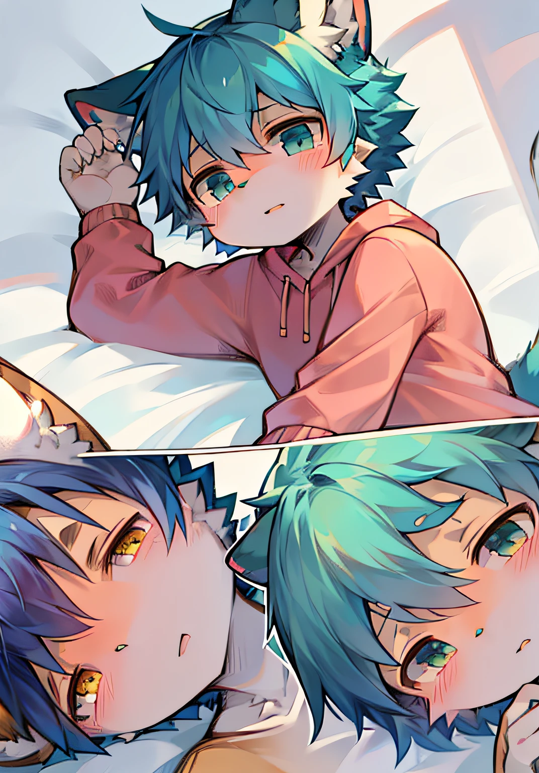 超高分辨率, best qualtiy, photore, 16k, (realisticlying: 1.2), Cute little boy,Shota,Cat ears,Green-blue hair,Pink sweatshirt,Cat type,adolable,full-shot