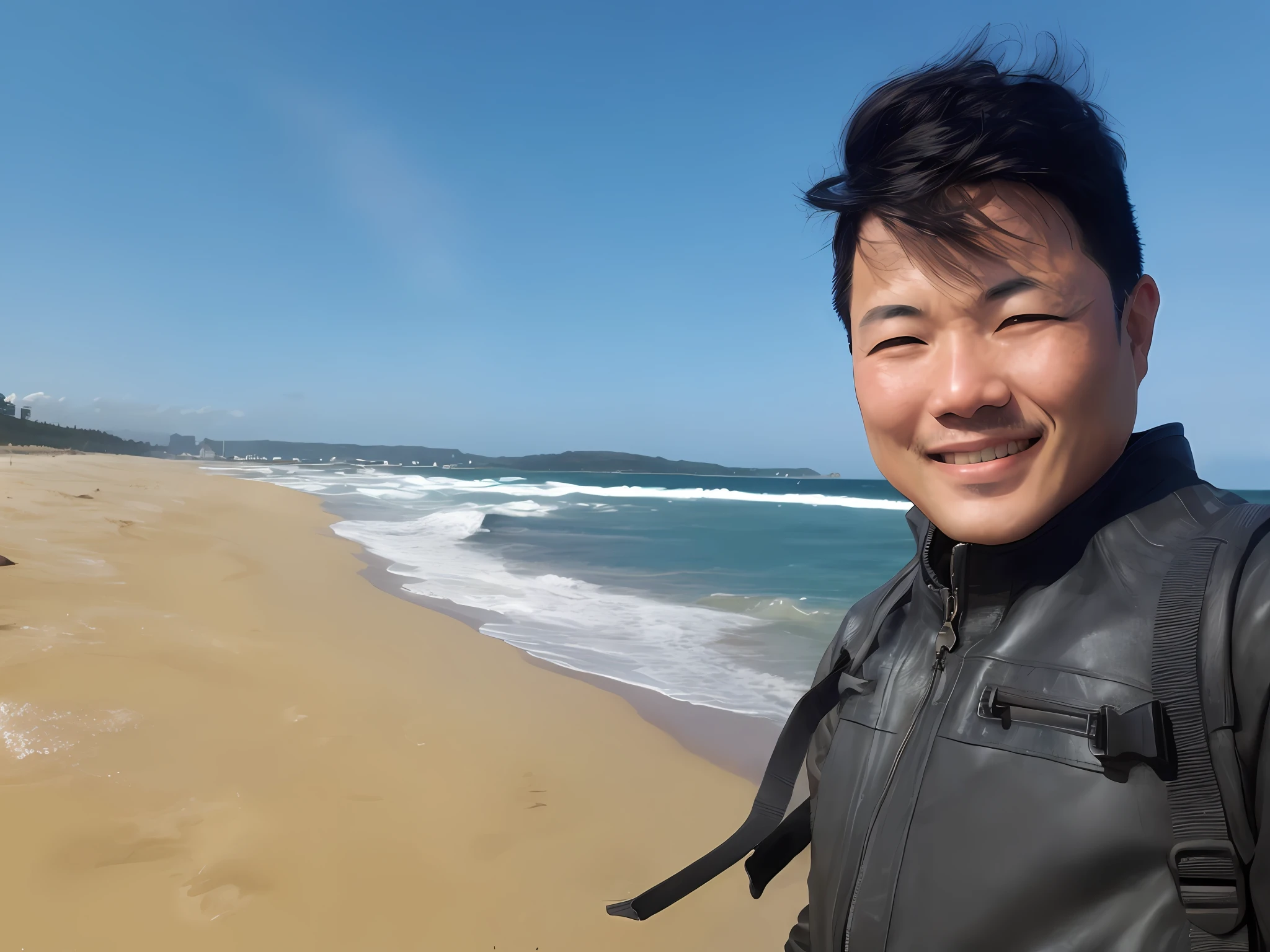 smiling man in black leather jacket on beach with ocean in background, the ocean in the background, ocean in the background, posing on a beach with the ocean, sunny day at beach, at the sea, standing at the beach, standing near the beach, the sea in the background, at the beach, standing beside the ocean, in the beach