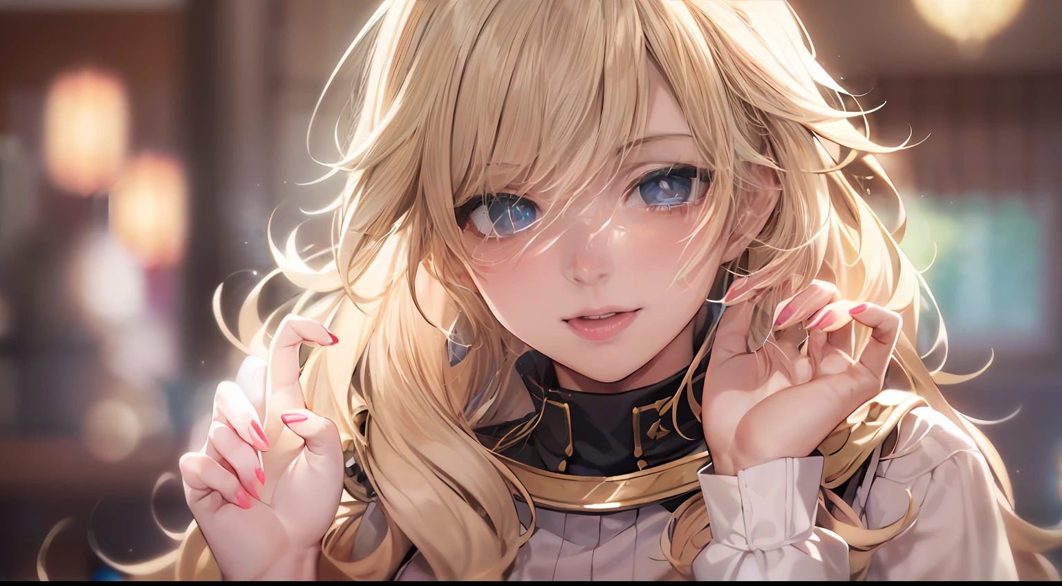 (masutepiece, Best Quality: 1.3), (16 K, High resolution: 1.3), Beautiful age girl, Cinematic Light, bio luminescent, Lone Girl, (Put your hands in front of your face, Highly detailed and delicate hands: 1.3), claw pose, PAW Pose, Milk beige hair, Sauvage Hair, close-up, Staring at the viewer, Determined dignified eyes, Dynamic Pose,