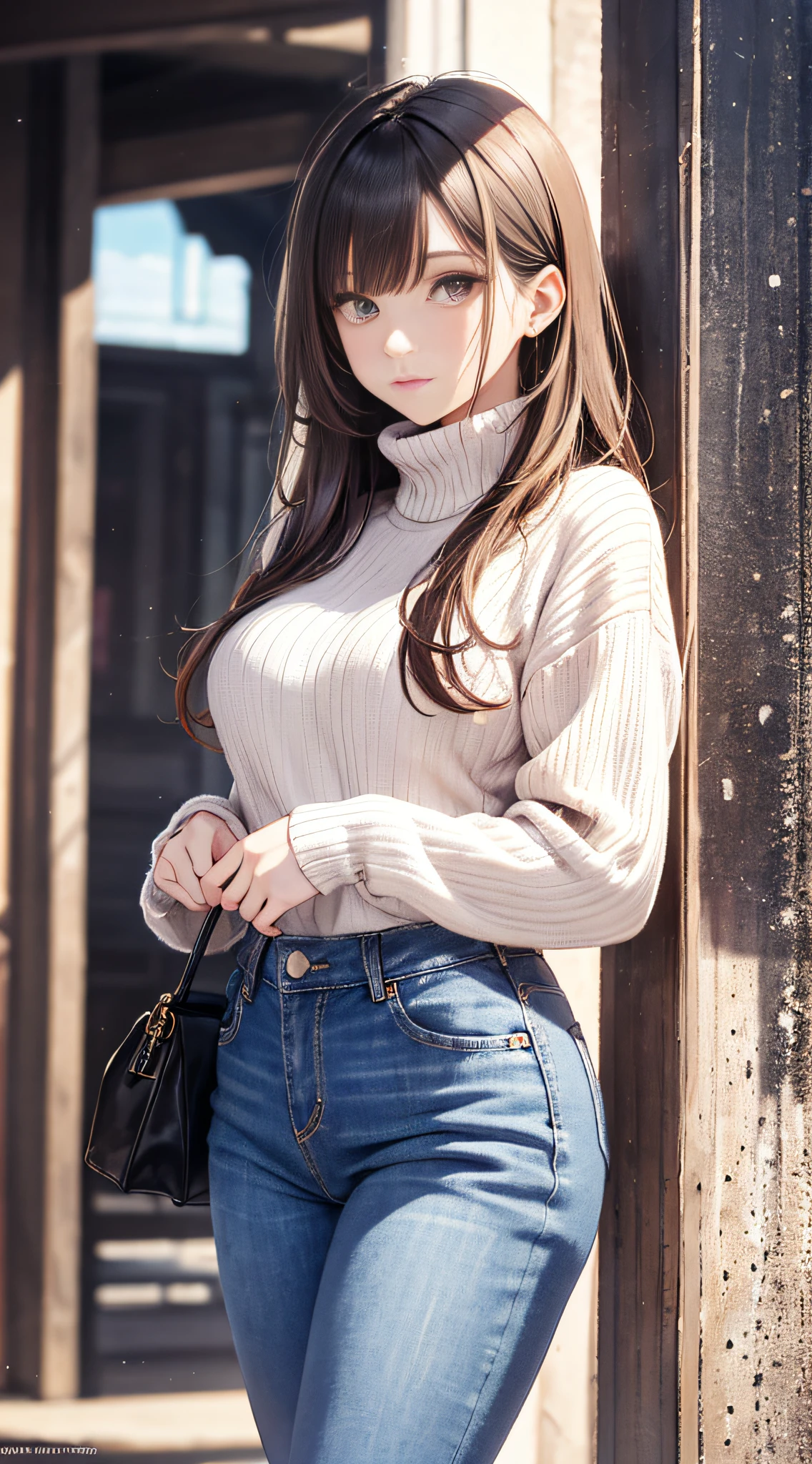 Masterpiece, Best quality， Ultra detailed, offcial art, 8k wallpaper, A super beautiful girl，（Gradients of hair），Big bright eyes，Cool feeling，（wide-leg jeans, turtleneck sweater, loafers）