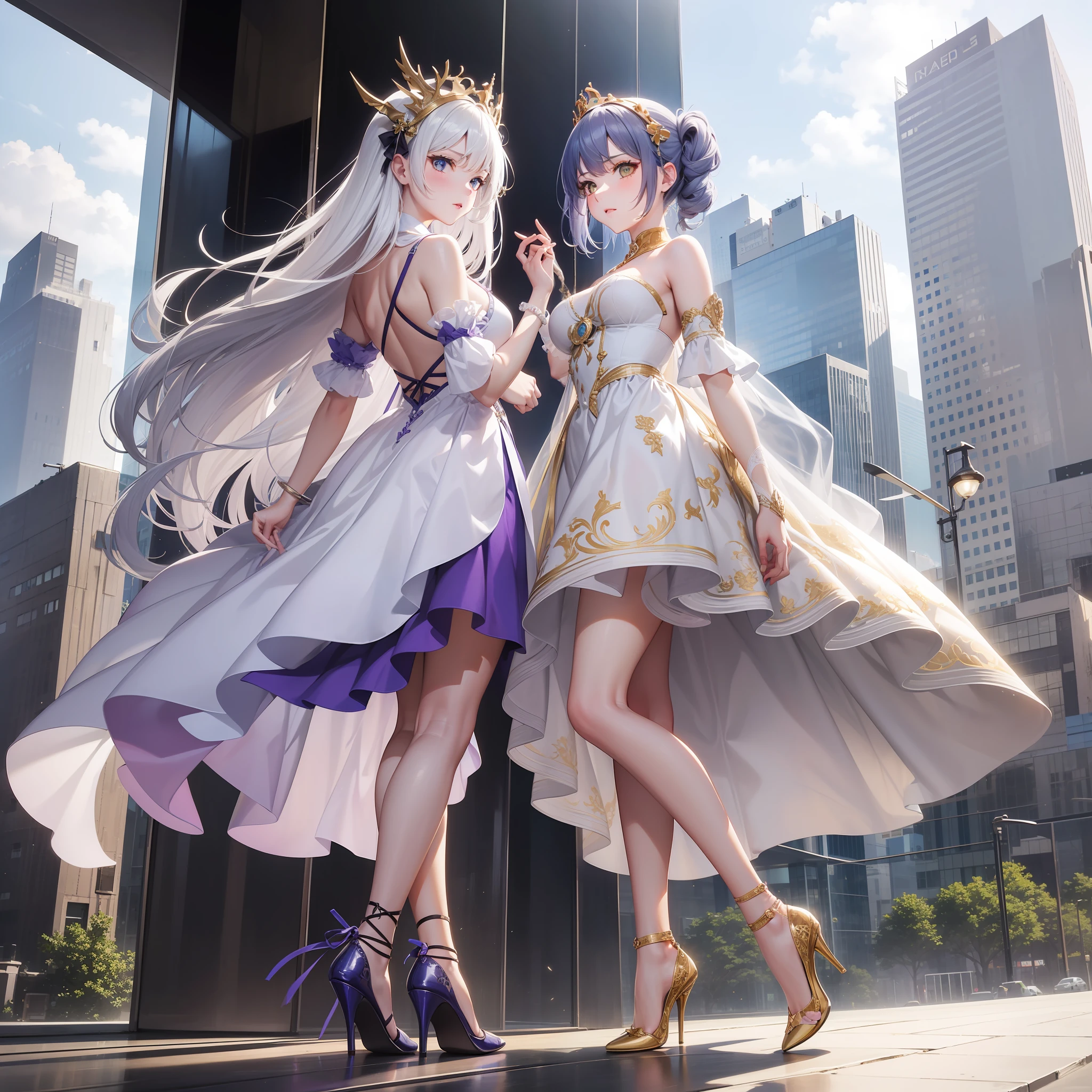 Full body portrait of two women,(A woman has a pair of real dragon horns on her head,Wearing a lilac and white dress,The first floor has white and yellow,Wear black high heels,White transparent stockings),(The other woman wears some kind of crown on her head,Wearing a short skirt trimmed with silver and gold,There is a gray hair on the first floor,Unlike another woman,Wear white high heels),Faceless,tmasterpiece,top-quality,best qualityer,offcial art,Beauty and aesthetics:1.5),Perfect fit, Best quality, Extreme refinement, Beautiful detailed eyes, Ultra-detailed, Intricate details:1.8), 8K wallpaper, elaborate features, (2girls),rays of sunshine,Wonderful,(On high-rise buildings in the city,Behind it are high-rise buildings),mirai