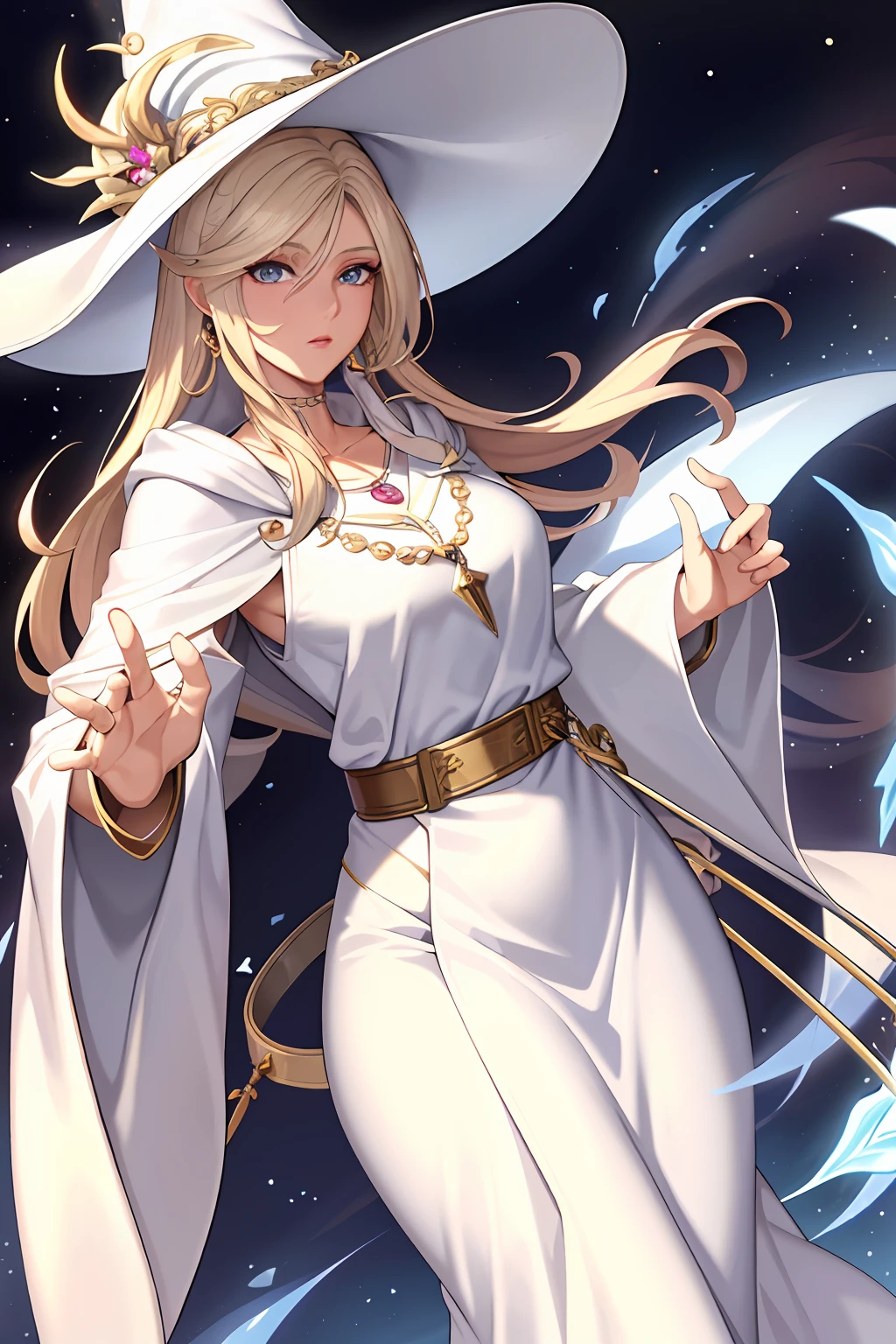 (masterpiece:1.2), (best quality:1.2), perfect eyes, perfect face, perfect lighting, 1girl, mature female white mage casting a holy spell, medium blonde hair, pompadour cut, whm_glam, robe, belt, straps, necklace, earrings, tiara, wizard hat, detailed background, concentration, makeup, eyeshadow, thick eyelashes