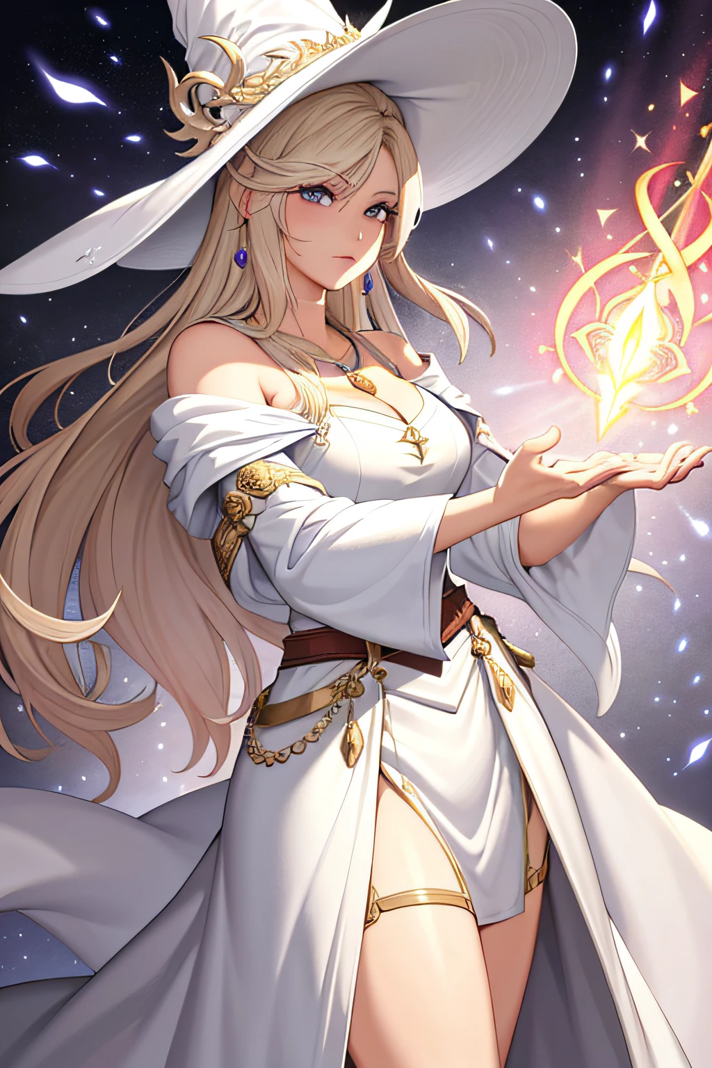 (masterpiece:1.2), (best quality:1.2), perfect eyes, perfect face, perfect lighting, 1girl, mature female white mage casting a holy spell, medium blonde hair, pompadour cut, whm_glam, robe, belt, straps, necklace, earrings, tiara, wizard hat, detailed background, concentration, makeup, eyeshadow, thick eyelashes