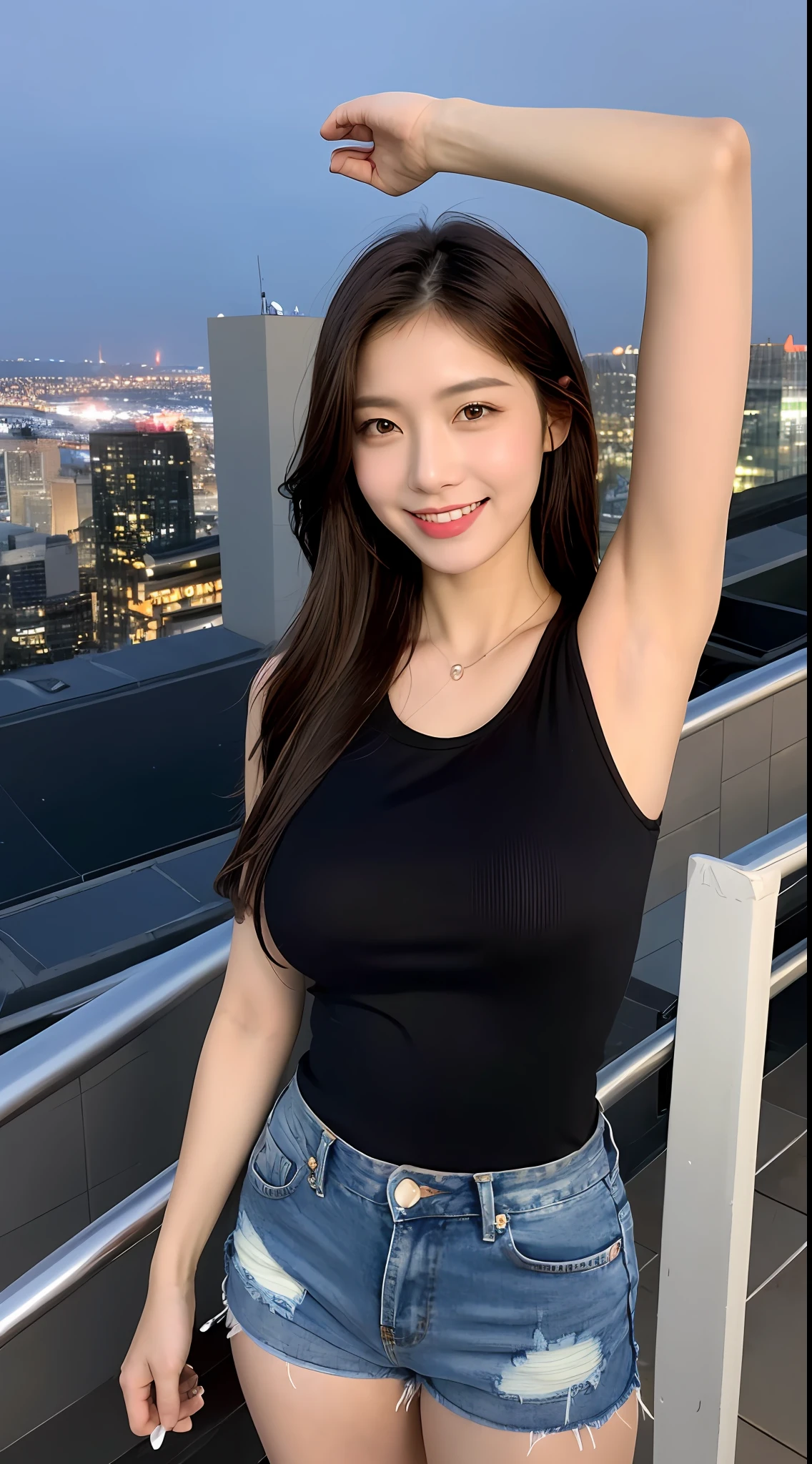 ((Midnight, Best quality, 8k, Masterpiece :1.3)), Whole body, Long legs, Sharp focus :1.2, A pretty woman with perfect figure :1.4, Slender abs :1.1, ((Dark brown hair, huge breasts :1.2)), (sleeveless tshirt, jeans shorts, Standing:1.2), ((Night city view, Rooftop:1.3)), Highly detailed face and skin texture, Detailed eyes, Double eyelid, armpit, smile