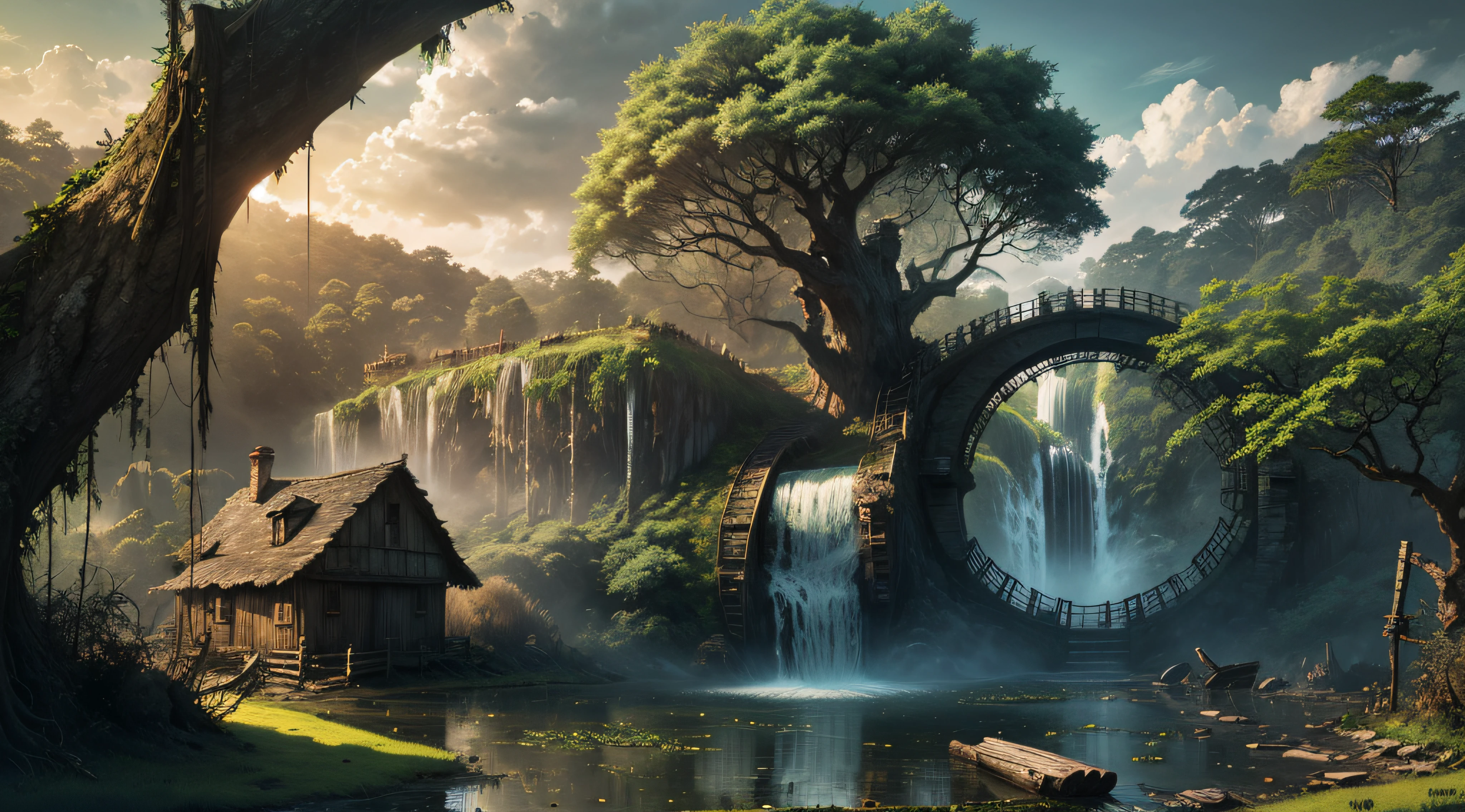 Gigantic colorful trees with many vines, palmeiras, coqueiro, fallen logs, a watermill with a waterwheel, moinho de vento, numa cachoeira exuberante, rio com grandes rochas hiper realista, sky with clouds, sol, lua, global ilumination, profundidade de campo,