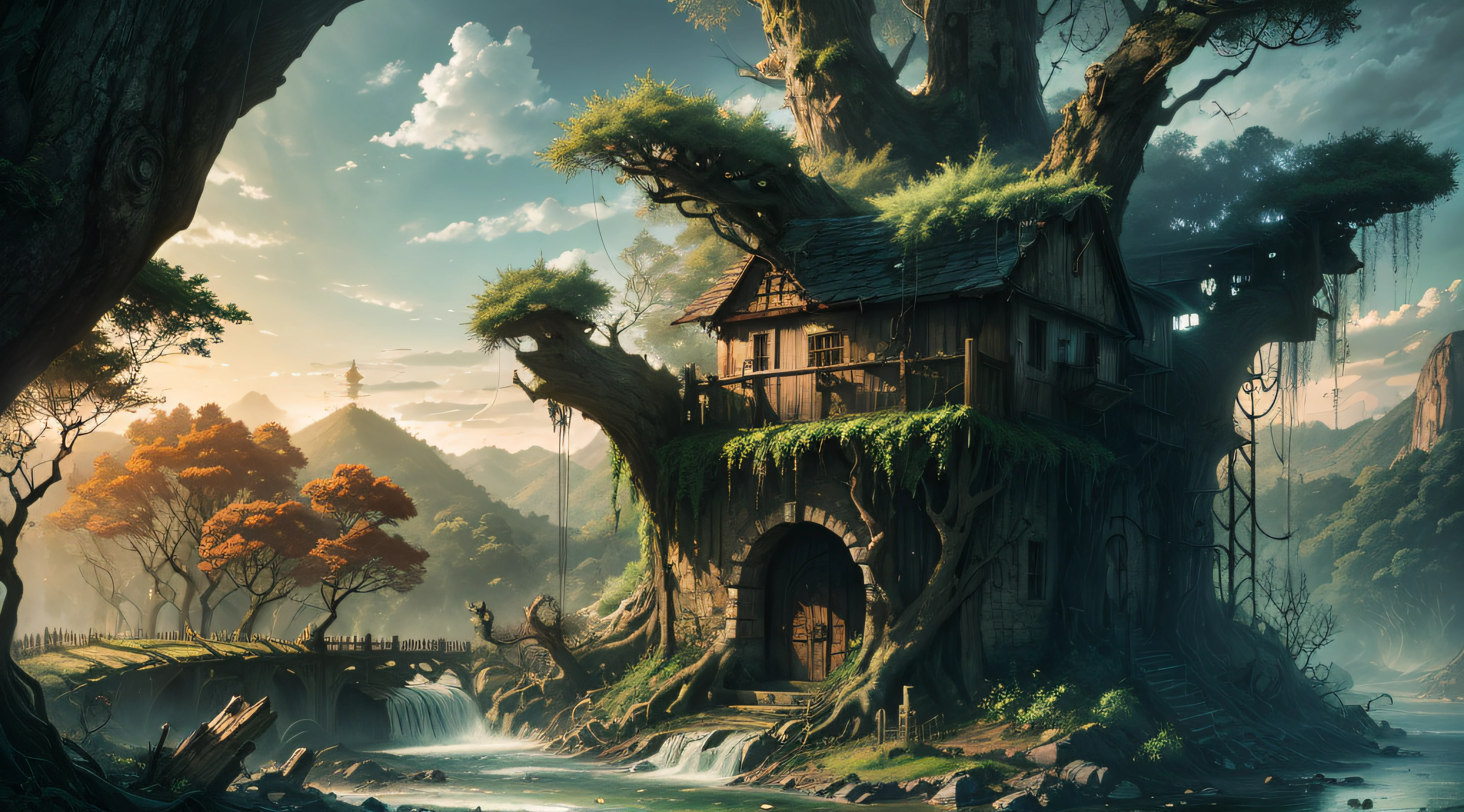 Gigantic colorful trees with many vines, palmeiras, coqueiro, fallen logs, a watermill with a waterwheel, moinho de vento, numa cachoeira exuberante, rio com grandes rochas hiper realista, sky with clouds, sol, lua, global ilumination, profundidade de campo,