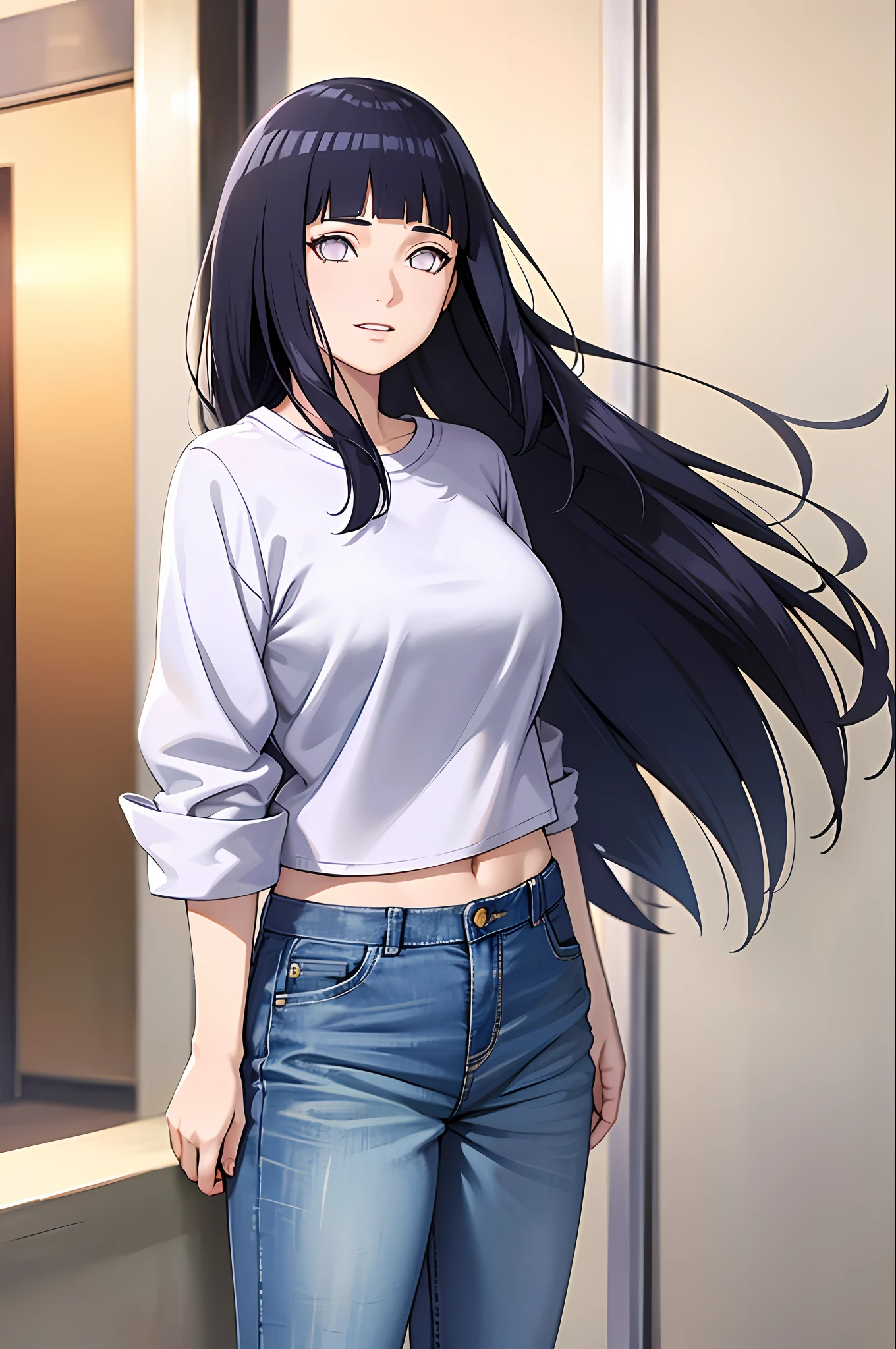 masterpiece, best quality, ((pure white background)), standing, (dark blue hair) ,cold face, full body, Denim jacket, white T-shirt, casual pants, (((Fashionable clothing))), happy, light effect, soft, super clear, high-definition picture, (front), purple eyes, blunt bangs, hinata/(boruto/), long hair, medium breast