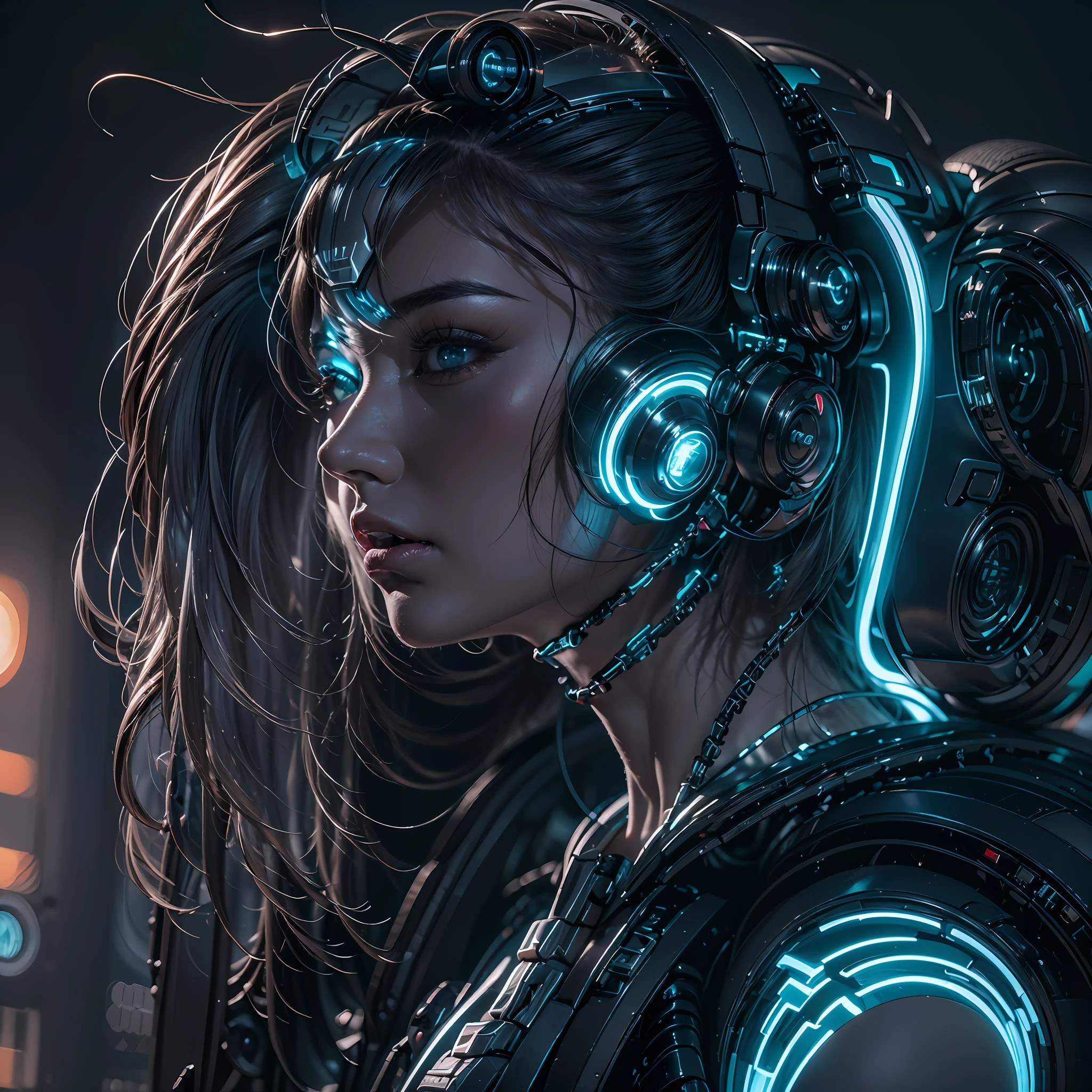 1girll，(cyber punk perssonage:1.3)，Bring headphones，Illuminated helmet and headphones，glowing jewelry，Glowing earrings，Glowing necklace，inside in room，Electronic wire background，best qualtiy，tmasterpiece，Movie filter presets，movie level lighting，c4d渲染，rendering by octane，with light glowing，(full bodyesbian:1.5)，slender leg，perfect foot，High chiaroscuro，