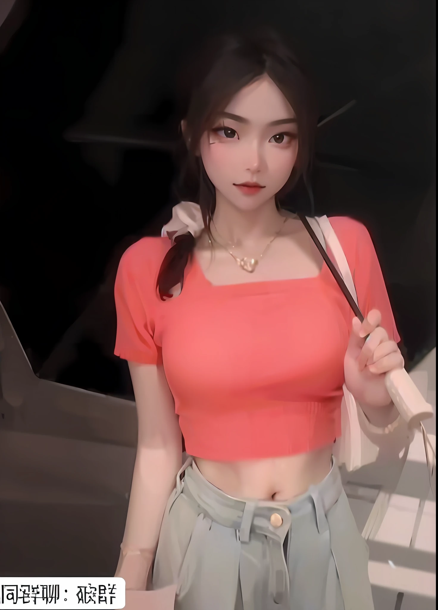 there is a woman holding an umbrella in a room, wearing a cute top, blackpink jennie, wearing sexy cropped top, wearing a crop top, tzuyu from twice, wearing a cropped top, ulzzangs, 19-year-old girl, Her navel was exposed, wearing a cropped top, Korean girl, trending at cgstation