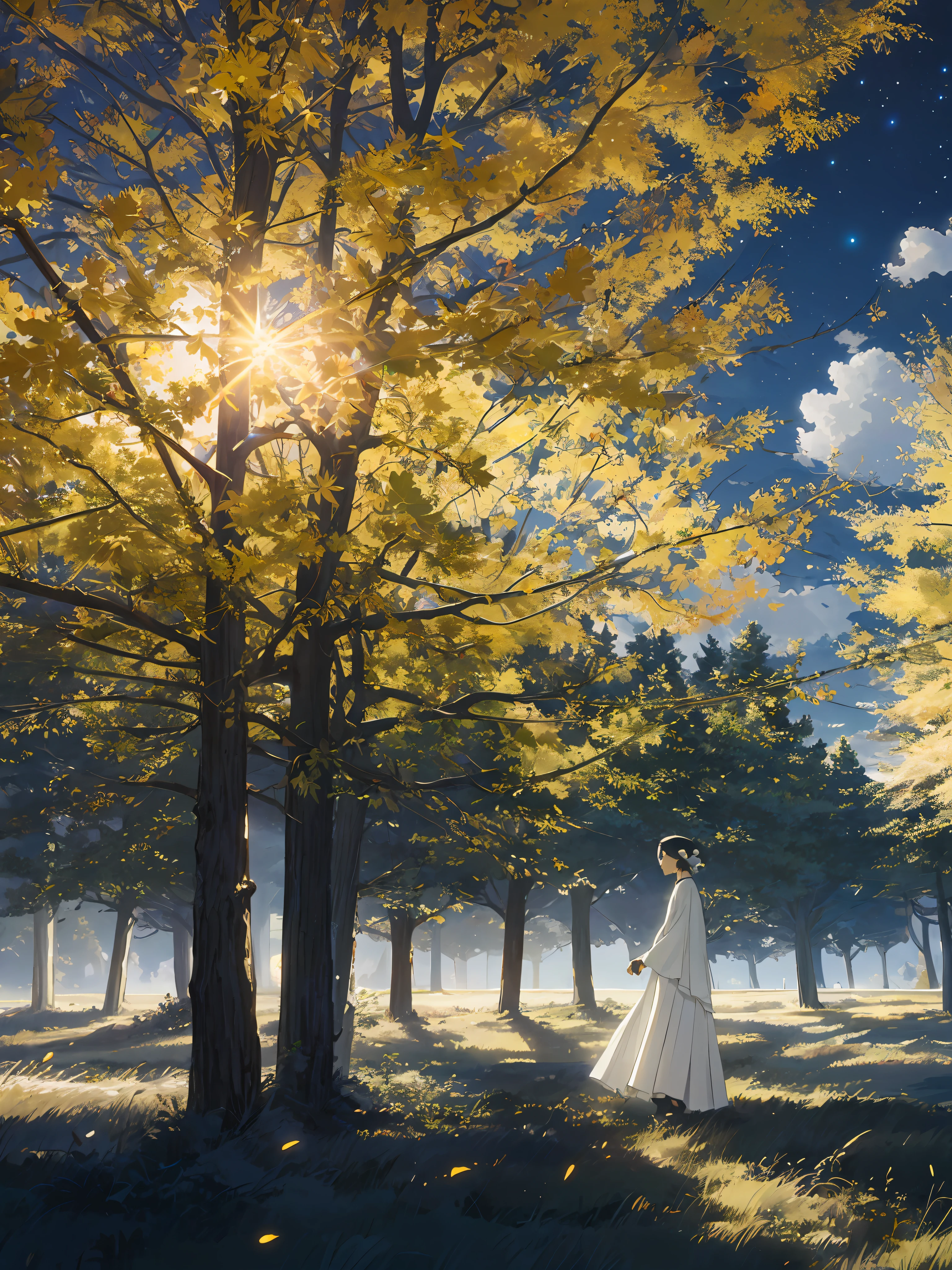 The vast starry sky,sunny clear sky,the beautiful skyline,Large grasslands,Intense and dramatic imagery,the moving visual effects,Colorful natural light。White long sleeve blouse,a white long skirt,A maiden with a garland in her hand。